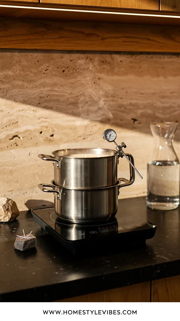 Hero focal point: a precise melt and pour setup featuring a stainless steel double boiler over an induction hob on a matte black quartzite worktop. Product mode with the hero centered slightly forward occupying most of the frame, shallow depth of field and late afternoon warm light. Warm Earthy mood with honey oak shelf edge and travertine backsplash softly lit. A calibrated thermometer clipped to the pitcher shows the realism without readable numbers. One raw stone object rests to the left as a weight for wick tabs. Steam is subtle and believable, no messy splashes, clean recessed shadow gap where backsplash meets worktop. A smoked glass carafe filled with room temperature water sits in the back right for controlled cooling. Materials read naturally with restrained specular highlights. No signage or readable markings on any device. Thin white footer strip at the bottom with WWW.HOMESTYLEVIBES.COM
