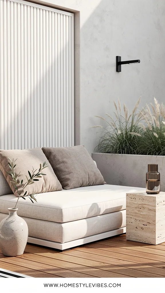 Hero focal point: low-profile outdoor daybed with layered cushions occupying the center-left of the frame. Scene mode. Modern calm atmosphere. A cedar deck with pale microcement garden wall meets a white oak privacy screen with vertical fluting running in one direction. The daybed features an upholstered linen platform in cream with two oversized stonewashed linen bolsters in soft taupe. Late morning diffused light from a sliding glass door edge casts gentle shadows. A small travertine plinth side table sits to the right holding a smoked glass carafe with water. A single olive branch in a hand-thrown stoneware vase rests on the deck corner. Background shows ornamental grasses in a simple limestone planter with a clean shadow gap at the base. One matte black articulating wall light extends from the plaster wall. Styling is minimal and calm with 5 intentional pieces. Vertical 9:16 magazine-quality realism, visible texture in linen and travertine, no text within the scene. Thin white footer strip with centered text WWW.HOMESTYLEVIBES.COM