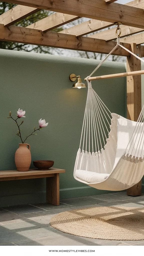 Hero focal point: cedar pergola relaxation zone with a hanging linen hammock chair occupying the right half of the frame. Scene mode. Cottage spa atmosphere. A compact flagstone terrace meets a sage limewash garden wall with softly rounded edges and a recessed shadow gap at the base. The hammock chair in cream linen hangs from a brushed brass ceiling hook under the pergola. To the left, a narrow oak bench holds a raw terracotta jug with a magnolia branch. A small vintage wooden bowl sits beside it. Soft daylight filters through the pergola slats, casting delicate lines on the terrace. A single brass swing-arm sconce on the wall adds warmth. Ground shows a compact jute rug beneath the hammock. Architecture includes visible floor, intersecting wall, and pergola beams. Restraint and clarity with 6 supporting elements maximum and one metal finish. Vertical 9:16, hyper-realistic, subtle grain, natural shadows, no in-scene text. Thin white footer strip with centered text WWW.HOMESTYLEVIBES.COM