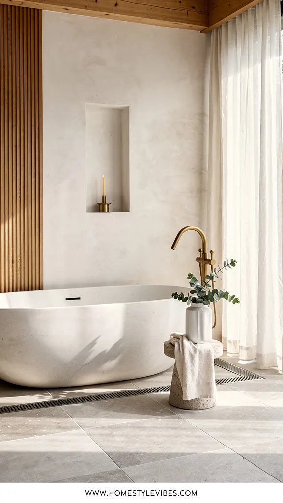 Hero focal point: compact outdoor hydro corner with a freestanding oval soaking tub occupying the lower center and left of the frame. Scene mode. Bright airy spa atmosphere. The tub sits on continuous honed limestone pavers with a clean linear drain along the back. A pale plaster garden wall with a recessed wall niche holds a single beeswax taper in a matte brass holder. An unlacquered brass floor-mounted tub filler arcs gently over the rim. Morning light pours through sheer linen curtains hanging from a simple oak beam, creating almost overexposed highlights on the limestone. A small stone stool beside the tub supports a ribbed ceramic vessel with a eucalyptus stem and a folded cream linen towel as the single textile cluster. One fluted oak privacy panel runs vertically behind the tub in a single direction. Transitions are crisp with a subtle shadow gap at wall bases. Composition leaves breathing room with visible wall and ceiling edge. Vertical 9:16 editorial realism, serene and refined, no in-scene text. Thin white footer strip with centered text WWW.HOMESTYLEVIBES.COM