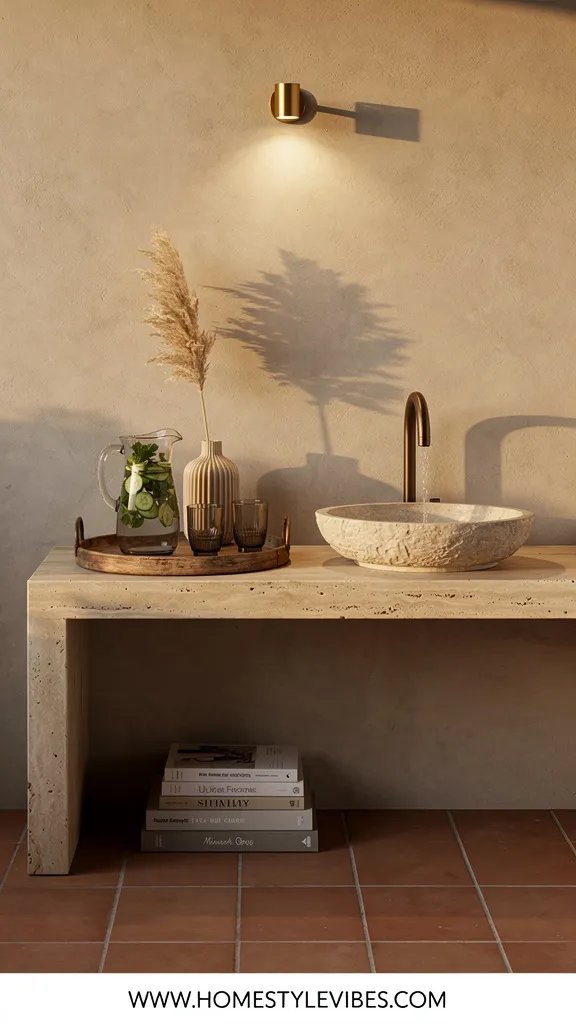 Hero focal point: garden hydration and snack station arranged on a honed travertine console occupying the right half of the frame. Product adjacent scene mode styled corner vignette. Warm earthy atmosphere. The console stands against microcement plaster with late afternoon golden light. A smoked bronze gooseneck tap fills a low-profile stone basin inset into the console. On the left side, a vintage oak tray holds a smoked glass pitcher infused with cucumber and mint and two short tumblers. A pleated bud vase with a single dried pampas stem adds height. A restrained stack of design books sits under the console with spines turned away to avoid readable text. Floor shows terracotta tile with uniform repetition and a clean shadow gap at the wall. One unlacquered brass picture light above the station casts a gentle glow without art in frame. Composition has 25 to 35 percent breathing room and controlled styling under seven objects. Vertical 9:16, tactile materials, deep but natural contrast, no in-scene text. Thin white footer strip with centered text WWW.HOMESTYLEVIBES.COM