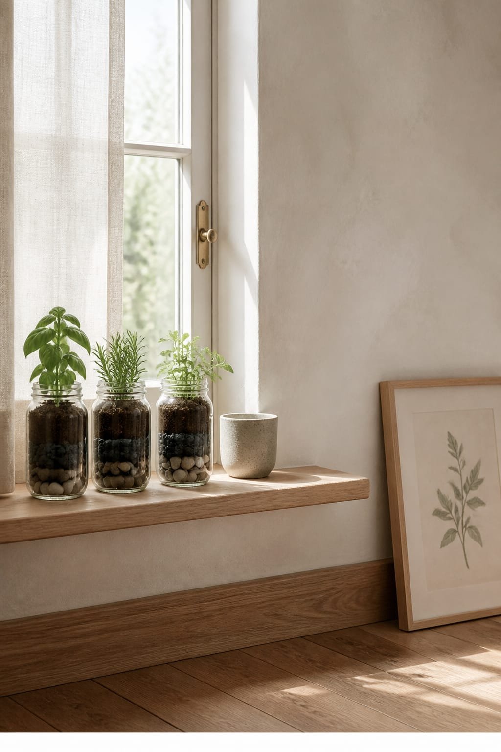 Hero focal point: trio of mason jars with compact herbs on a sunny sill. Scene mode. A sash window with white oak stool top acts as the perch, pale plaster walls meet a warm oak baseboard, and the edge of wide-plank oak flooring anchors the vignette. The jars occupy the left half, filled with a base layer of smooth river pebbles, a thin layer of activated charcoal, and rich potting mix visible through clear glass. Each jar hosts one herb sprout at early growth with soft new leaves. Bright airy spa atmosphere with soft morning light filtering through sheer linen, gentle shadows, and warm highlights. Supporting props are minimal: a hand-thrown stoneware cup on the sill and a framed botanical print leaning against the plaster wall on the right. One plant element only. Unlacquered brass sash lock is the single metal finish. Composition is off-center with 30 percent breathing room including window trim and plaster expanse. Footer strip thin white with centered small text reading WWW.HOMESTYLEVIBES.COM