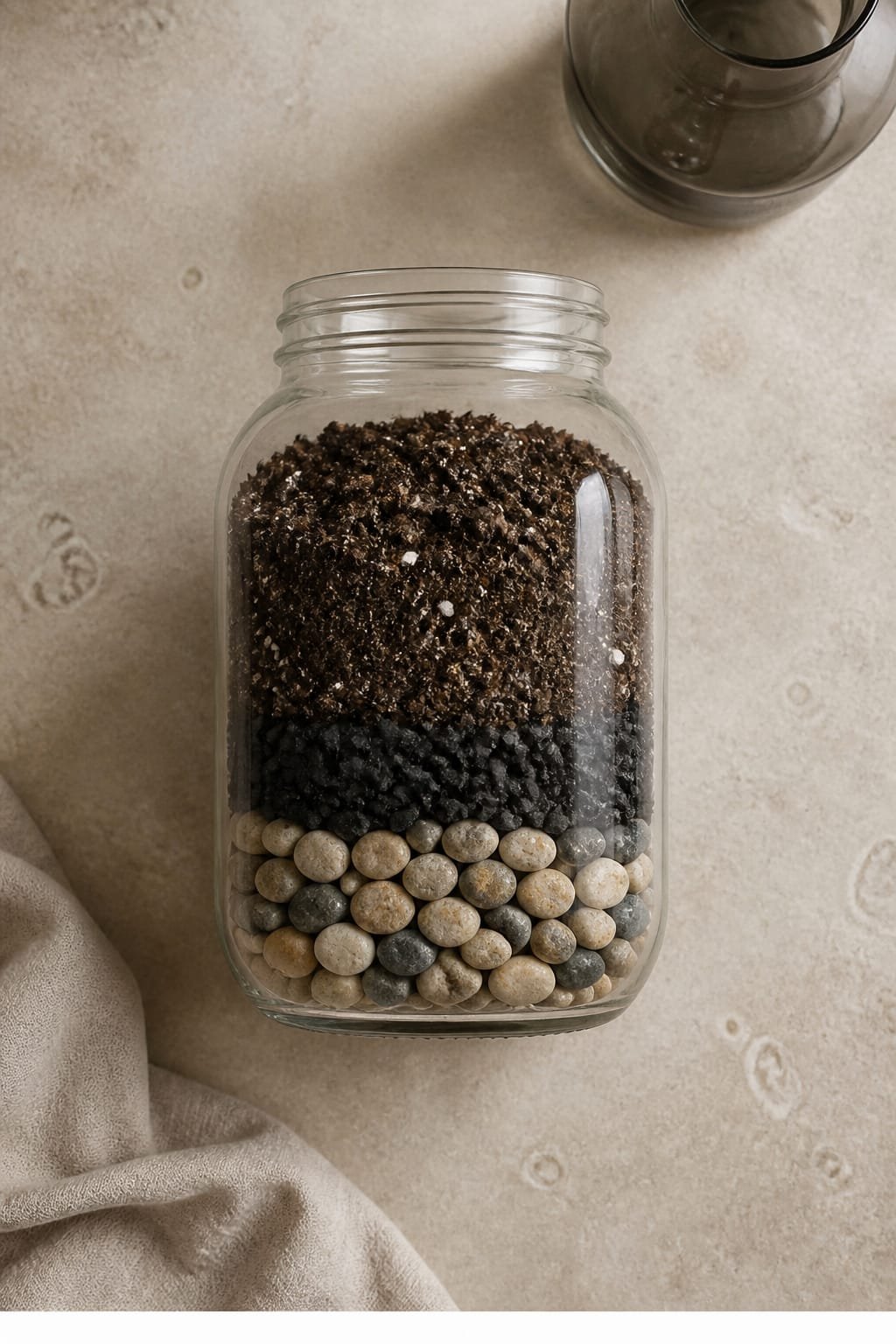Hero focal point: overhead flat lay of a mason jar drainage build on a matte stone slab. Product mode. The jar body occupies central majority with softly rounded edges visible, filled in clear layers of smooth pebbles, a precise band of activated charcoal, and fresh potting mix ready for seeds. Modern calm atmosphere with midday diffused light creating gentle shadows and true color. Supporting props limited to a smoked glass carafe half visible at the top edge and a folded linen at the lower corner. Surface is honed limestone with restrained fossil flecks, neutral warm taupe tone. No text or labels on any prop. Composition keeps the hero about 60 percent of visual weight with clean breathing room around the jar and subtle vignette falloff. No metal finishes introduced. Materials appear tactile and realistic with natural reflections on glass and matte grain on limestone. Footer strip thin white with centered small text reading WWW.HOMESTYLEVIBES.COM