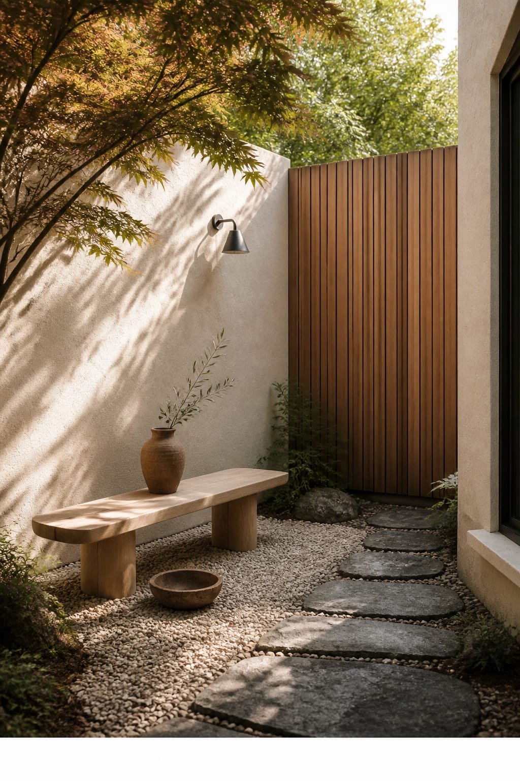 Hero focal point: secluded backyard corner with dappled morning light across a small gravel meditation pad. Scene mode. Modern calm atmosphere with pale plaster garden wall and microcement bench. Off-center composition shows the gravel pad occupying the left half, backed by a pale limewashed masonry wall meeting a cedar fence with vertical fluting in one consistent direction. A single white oak garden bench with softly rounded edges sits on the pad, supported by a raw basalt stepping stone path leading in from the right. Gentle morning light filters through a Japanese maple casting soft shadows. Supporting styling is minimal with one raw terracotta jug on the bench holding a single olive branch, and one vintage wooden bowl on the gravel near the bench. Architecture includes visible ground plane, wall junction, and a framed window edge on the far right. One metal finish only with matte black garden sconce on the wall. Natural tonal palette of warm white, soft taupe, oak, and plaster. Thin white footer strip at bottom with centered text WWW.HOMESTYLEVIBES.COM