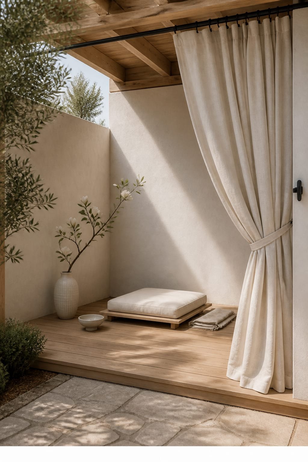 Hero focal point: outdoor curtain privacy solution framing a compact meditation nook. Scene mode. Cottage spa atmosphere with soft daylight washing through cream linen outdoor curtains hung from a matte black ceiling track under a simple timber pergola. The curtains occupy the right half, gathered to reveal a small platform of wide-plank white oak decking meeting a pale stucco wall with a clean shadow gap. A single low meditation platform cushion in oatmeal sits centered on the deck, with a folded linen nearby as the sole textile cluster. Supporting styling includes a ribbed ceramic vessel on the floor holding a single magnolia branch, and a small sculptural ceramic bowl on the deck. One metal finish only in matte black for curtain hardware and a discrete wall hook. Composition shows floor, two intersecting walls, and pergola edge overhead, with 30 percent breathing space. Palette of cream, muted blue hint in shadows, warm oak, and brass-free hardware. Thin white footer strip at bottom with centered text WWW.HOMESTYLEVIBES.COM