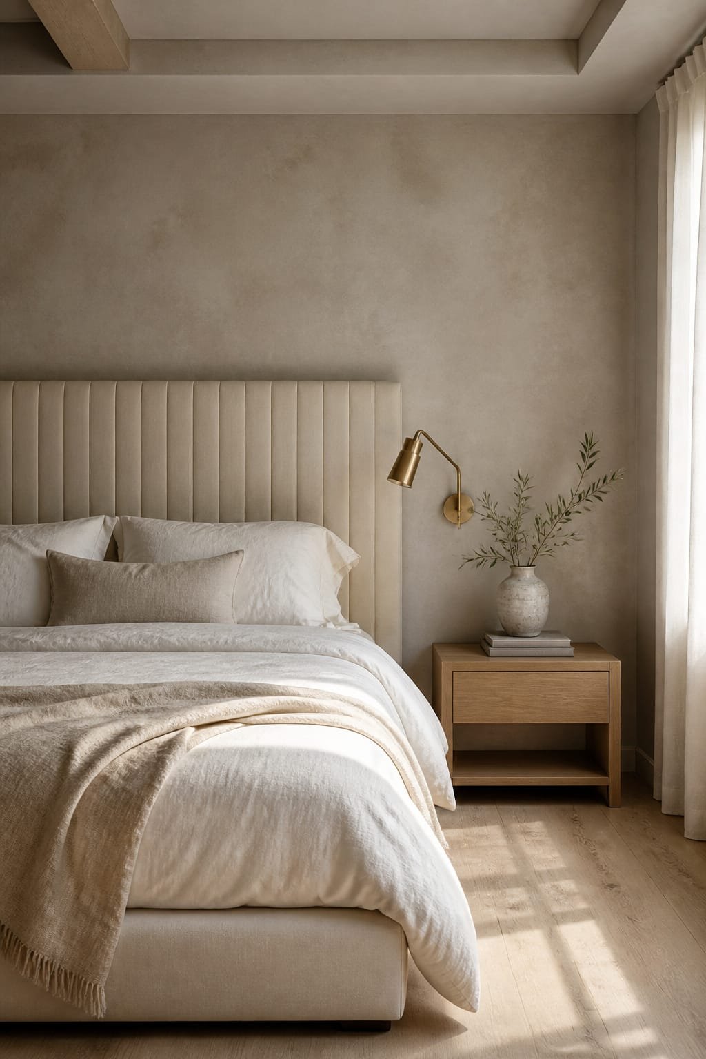 Hero focal point: upholstered linen platform bed with fluted upholstered headboard in warm cream occupying the left side. Scene shows lime-washed plaster walls in soft taupe, white oak wide-plank floor, and a single window edge with sheer linen panel. Stonewashed linen duvet in cream with an oatmeal throw creates depth, framed by brass swing-arm sconces in unlacquered brass. An oak nightstand sits adjacent holding a hand-thrown stoneware vessel with a single olive branch and a small stack of design books. Breathing room reveals the ceiling edge and an adjacent wall corner for architectural depth. Midday diffused light washes across the bed creating gentle shadows. Styling is restrained with five supporting elements total. Modern calm mood with warm white, soft taupe, and oak. All surfaces transition with a clean recessed shadow gap. Vertical fluting on the headboard runs in one direction only. Ultra-realistic editorial photography, subtle grain, vertical 9:16, no people. Thin white footer strip at bottom with centered small text WWW.HOMESTYLEVIBES.COM