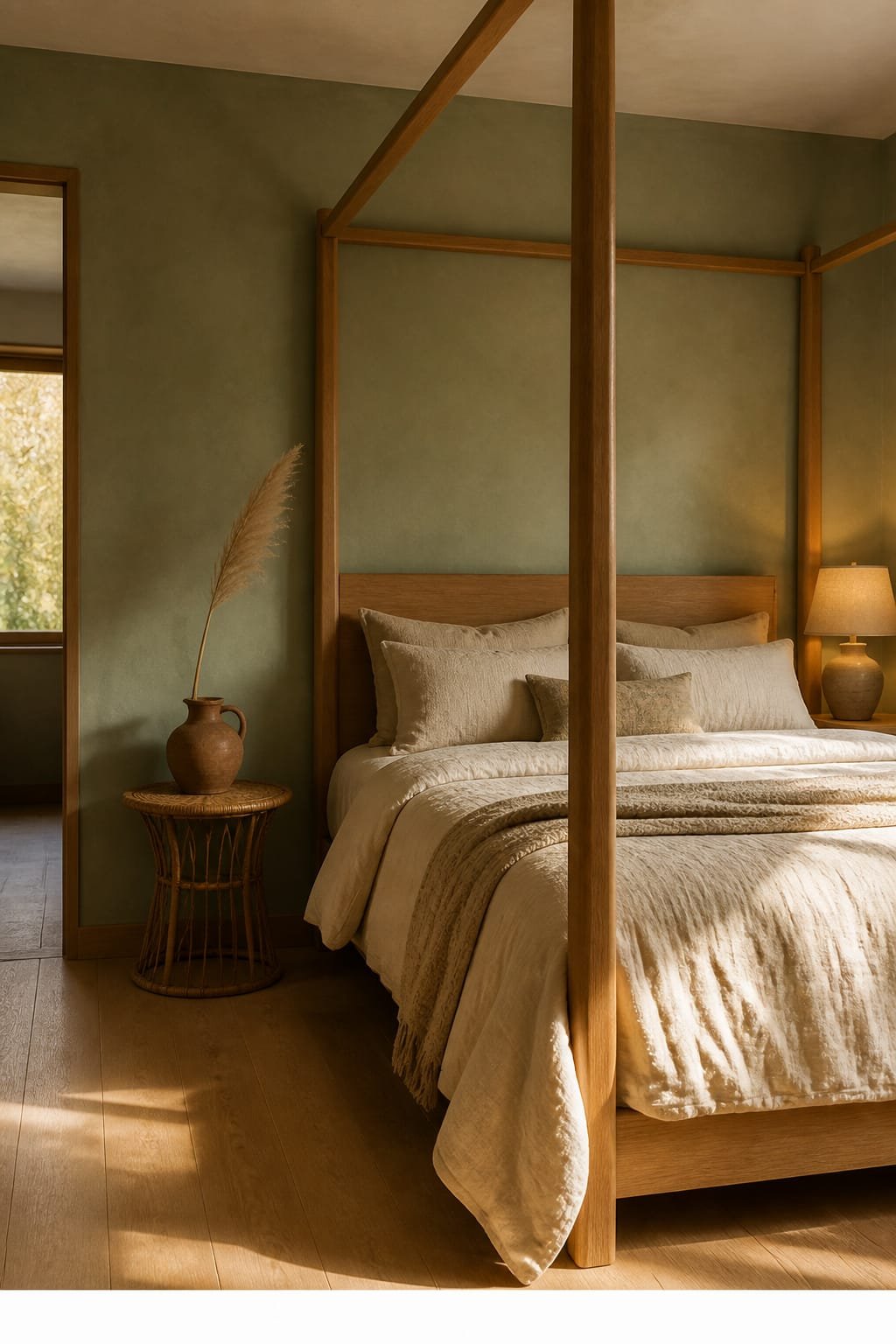 Hero focal point: layered bedding ensemble on a four-poster oak bed in honey oak occupying the central right. Stonewashed linen duvet in cream with a hand-loomed cotton coverlet and a single folded oatmeal throw forms one textile cluster. Walls are sage limewash, floor is white oak, and a ceiling edge and doorway reveal real architecture. A vintage rattan side table holds a raw terracotta jug with a dried pampas single stem. A ceramic table lamp with linen shade in unlacquered brass detail provides a warm glow. Warm earthy mood with late afternoon light pooling across the bed and soft shadows between posts. Five supporting objects total and only one plant element. All transitions are clean with a recessed shadow gap where wall meets the headboard and baseboards kept minimal. Editorial realism, visible fabric texture and wood grain, no over-styling, vertical 9:16 ratio. No signage or readable text within the scene. Thin white footer strip at bottom with centered small text WWW.HOMESTYLEVIBES.COM