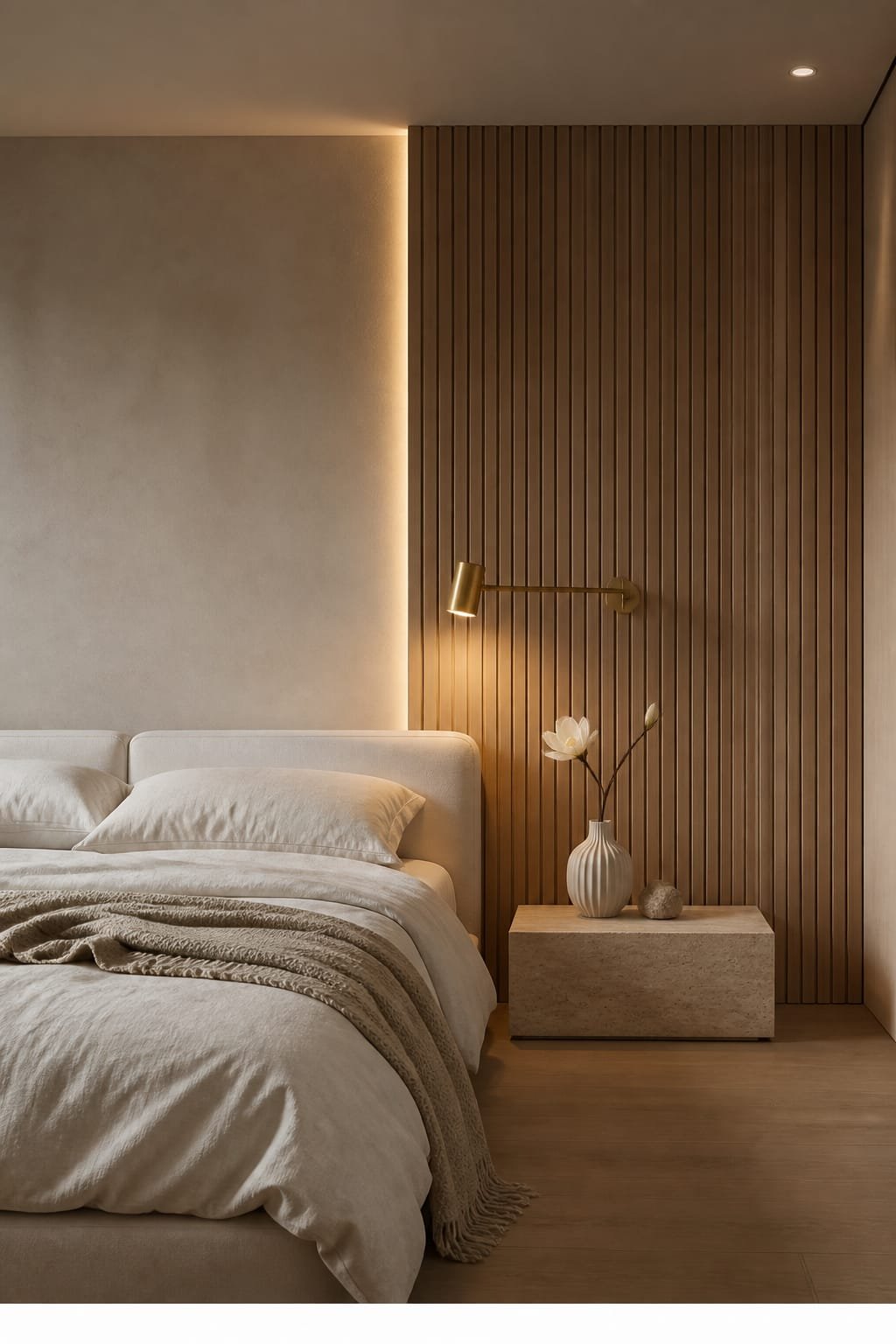 Hero focal point: white oak fluted feature wall behind the bed occupying the right side with vertical fluting in one direction and a recessed shadow gap where it meets pale plaster. A low-profile linen sectional is not present, instead an upholstered linen platform bed sits in front with a stonewashed linen duvet in cream and a layered oatmeal throw. A travertine plinth used as a side table holds a pleated bud vase with a single magnolia branch and a raw stone object. Brass swing-arm sconce in unlacquered brass glows softly. Contemporary editorial mood with evening warm LED glow and restrained highlights across honed travertine. Floor is white oak, ceiling edge and corner junctions visible for architectural context. Styling limited to five elements and one plant. No mixed metals, no pattern clashes, clean transitions only. Editorial ultra-real look, vertical 9:16, rich tonal depth without oversaturation. No in-scene text anywhere. Thin white footer strip at bottom with centered small text WWW.HOMESTYLEVIBES.COM