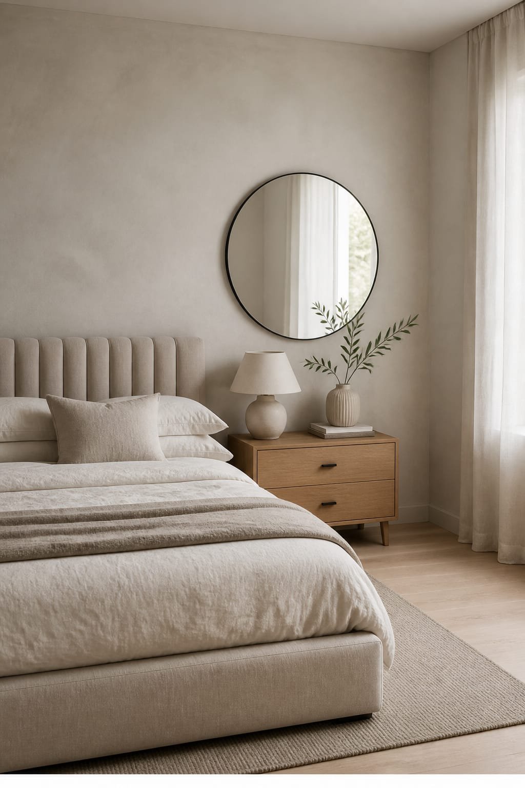 Hero focal point: upholstered linen platform bed with fluted upholstered headboard in warm greige occupying the left half of the frame. Scene mode bedroom. Modern calm atmosphere. Pale microcement plaster walls in creamy off white set the base with white oak floorboards and a single window edge with sheer linen. Bedding is a stonewashed linen duvet in cream with an oatmeal throw folded once at the foot. One oak nightstand with a ceramic table lamp sits to the side with matte black hardware as the only metal. A round oversized mirror with soft edge and no visible text reflects diffused midday light. Styling shows a ribbed ceramic vessel holding a single olive branch and a small stack of design books. Architecture includes two intersecting walls and ceiling edge with clean shadow gaps at baseboards. Depth of field reveals subtle texture in plaster and linen. Composition is off center with 30 percent breathing room and gentle soft shadows. Vertical 9:16 photorealistic editorial finish with thin white footer strip reading WWW.HOMESTYLEVIBES.COM