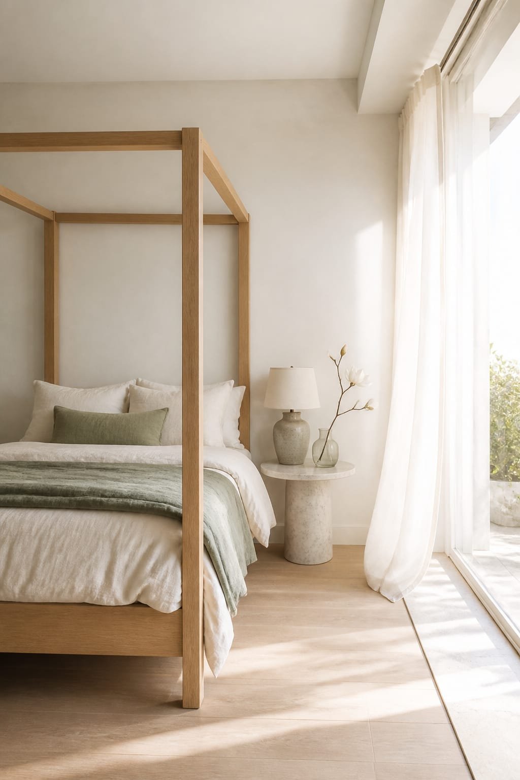 Hero focal point: four poster oak bed in pale honey finish anchoring the center left at 45 percent visual weight against creamy off white walls. Scene mode bedroom. Bright airy spa atmosphere with large window edge and sheer linen curtains blowing slightly, white oak floor, and pale limestone side threshold visible. Bedding is stonewashed linen duvet in cream with a sage cotton coverlet folded at the foot for quiet color. A marble pedestal side table holds a smoked glass carafe and a single magnolia branch. Lighting includes a ceramic table lamp with linen shade while all hardware uses brushed nickel as the sole metal. The ceiling edge and intersecting wall frame the vignette with high key morning light and natural soft shadows. Styling remains restrained with five objects total. Composition is off center with generous breathing room and gently overexposed highlights that stay natural. Vertical 9:16 hyper realistic editorial image with thin white footer strip reading WWW.HOMESTYLEVIBES.COM