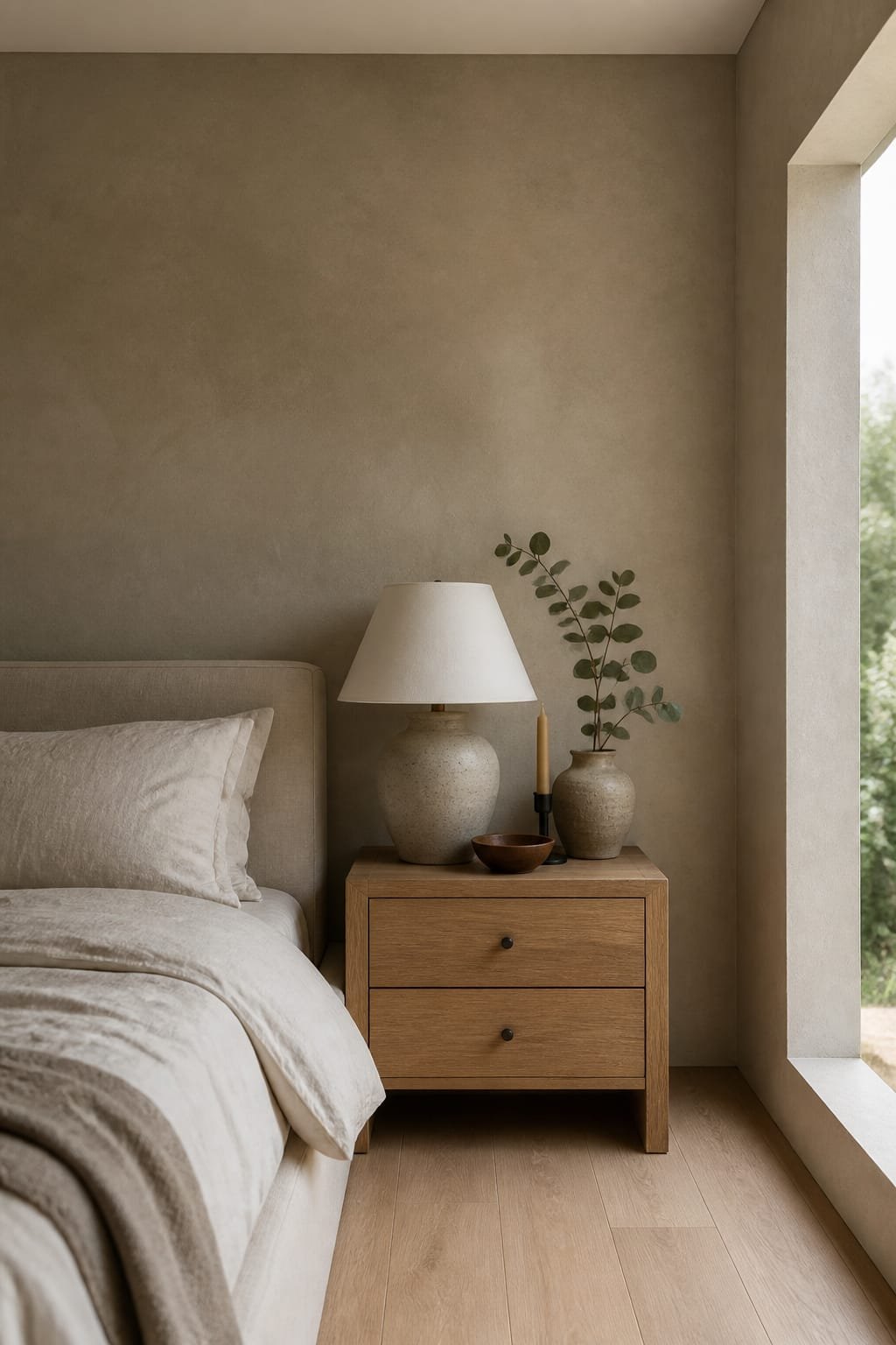 Hero focal point: oak nightstand styling anchored beside an upholstered linen platform bed occupying the lower left half. Scene mode bedroom. Modern calm atmosphere. Walls are warm greige plaster with a clean recessed shadow gap at base. White oak floorboards lead to a window edge with diffused midday light. On the nightstand sits a hand thrown stoneware vase with a eucalyptus stem, a vintage wooden bowl, and a single beeswax taper in a matte black holder as the only metal. Above, a brass swing arm sconce is excluded to maintain the single metal rule, so lighting comes from a ceramic table lamp with fabric shade. Bedding remains in cream stonewashed linen with an oatmeal throw barely visible. Architecture shows intersecting walls and ceiling edge. Composition is a styled corner vignette with shallow depth and 30 percent breathing room. Tactile textures are crisp yet soft. Vertical 9:16 ultra realistic editorial with thin white footer strip reading WWW.HOMESTYLEVIBES.COM