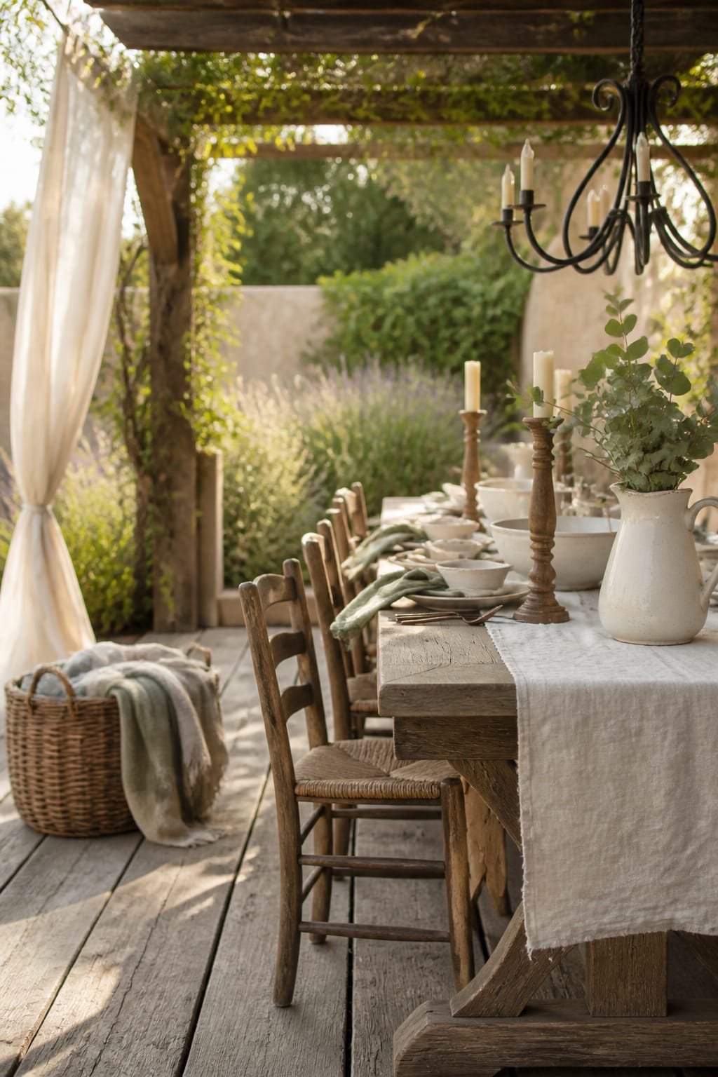 Exterior patio lounge in Modern Farmhouse style set for a golden afternoon garden party. Hero is a long farmhouse trestle table in weathered oak with stonewashed cream linen runner and sage napkins, occupying the right third. Surround with vintage ladder back chairs, a soft greige plaster boundary wall, and wide-plank weathered oak deck boards underfoot. A simple pergola with climbing greenery casts dappled light, and a single eucalyptus stem sits in a matte white ironstone pitcher at the table end. Matte black wrought iron candelabra hangs off-center, unlit in daylight. Layer the scene with a woven willow basket holding throws, two white ironstone bowls, and a pair of wood candle holders. Patches of sun catch the patina on oil-rubbed bronze flatware. Air drifts through gauzy linen tied to the pergola beam. Background shows layered planting with lavender and grasses. Shot on Hasselblad H6D-100c, 80mm at f4, Kodak Portra 400 color with subtle grain. Soft lived-in wrinkles in the linen and faint checking in the oak. Rule-of-thirds composition with the table hero in sharp focus and the pergola softly defocused. Portrait orientation 1024 by