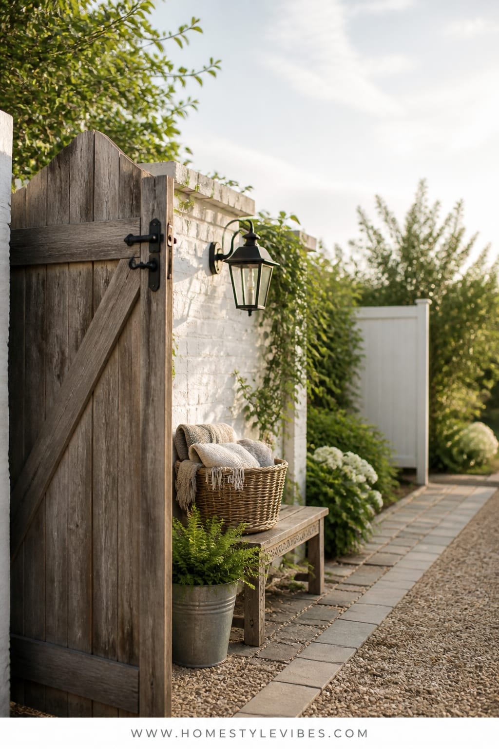 Exterior garden path and arrival vignette in Modern Farmhouse style during bright morning light. Hero is a weathered barn wood feature gate with matte black hardware on left third, leading to gravel path edged in honed warm grey square farmhouse pavers. White-painted brick garden wall sits behind with climbing greenery. A woven willow basket on a small vintage carved wood bench holds extra stonewashed linen throws. A galvanized bucket holds a single fern near the threshold. Subtle beadboard detail appears on a small freestanding screen set back. Lantern-style matte black wall light is mounted on the brick, unlit, casting a soft shadow. Restraint in objects, fresh and welcoming. Fine gravel texture, soft dew on leaves, imperfect lime speckle on the brick. Camera at slight elevated angle, shallow depth of field with gate latch in crisp focus and path receding in gentle bokeh. Hasselblad H6D-100c, 80mm f4, Kodak Portra 400 warmth, authentic grain. Portrait 1024 by 1792, airy highlights without gloss. One third of the frame reserved as negative space with sky slice and foliage. Bottom 3 percent white footer strip with centered text WWW.HOMESTYLEVIBES.COM in warm grey uppercase.