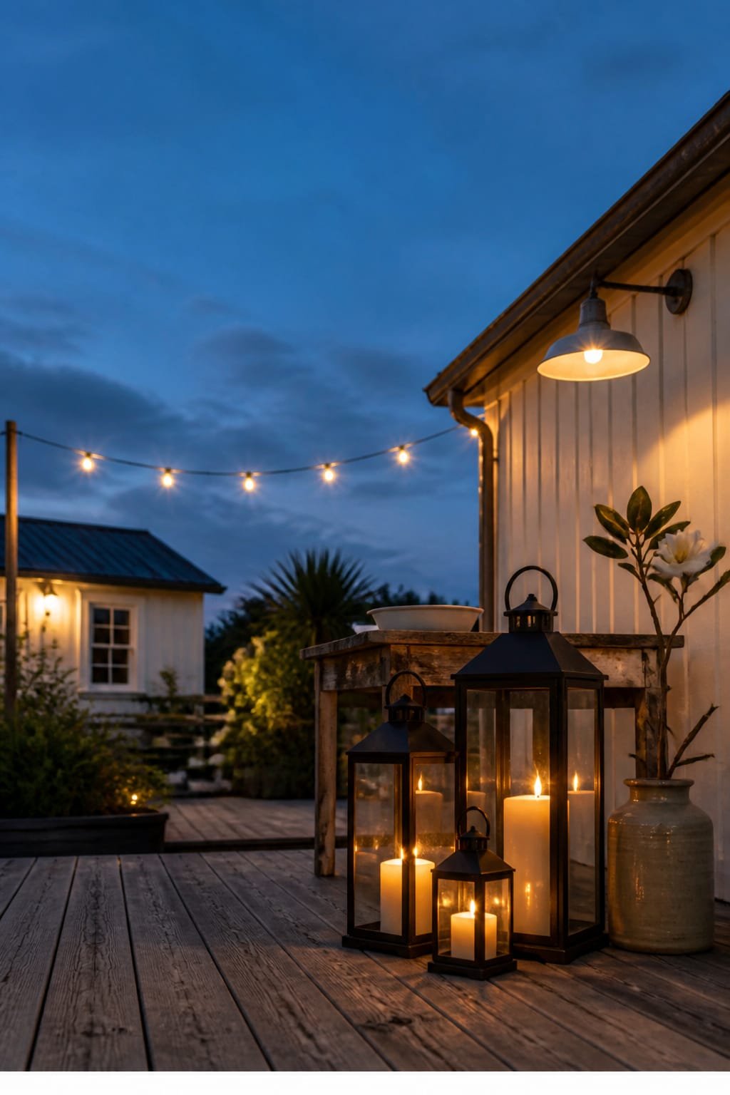 Lanterns and glow layering in a Modern Farmhouse garden during blue hour. Hero is a cluster of matte black wrought iron lanterns with warm pillar candles on the right third, arranged on weathered grey pine decking with visible knots. A simple rope-strung line of warm fairy lights crosses above, while a vintage galvanized barn pendant overhangs from a beam, dimly lit. A white ironstone bowl sits on a rustic side table, and a stoneware crock nearby holds a single magnolia branch. The background reveals beadboard wainscoting painted warm white along a small garden shed and soft silhouettes of planting. Airy breath between objects keeps the scene restrained. Candlelight reflects softly on weathered brass nail heads and glass panes, with natural patina and tiny wax drips. Camera at eye level, hero lantern cluster sharp with gentle bokeh in string lights and shed edge. Hasselblad H6D-100c, 80mm f4, Kodak Portra 400 color with film grain realism. Portrait 1024 by 1792, sky slice occupying top third as negative space. Bottom 3 percent white footer strip with centered text WWW.HOMESTYLEVIBES.COM in warm grey uppercase.