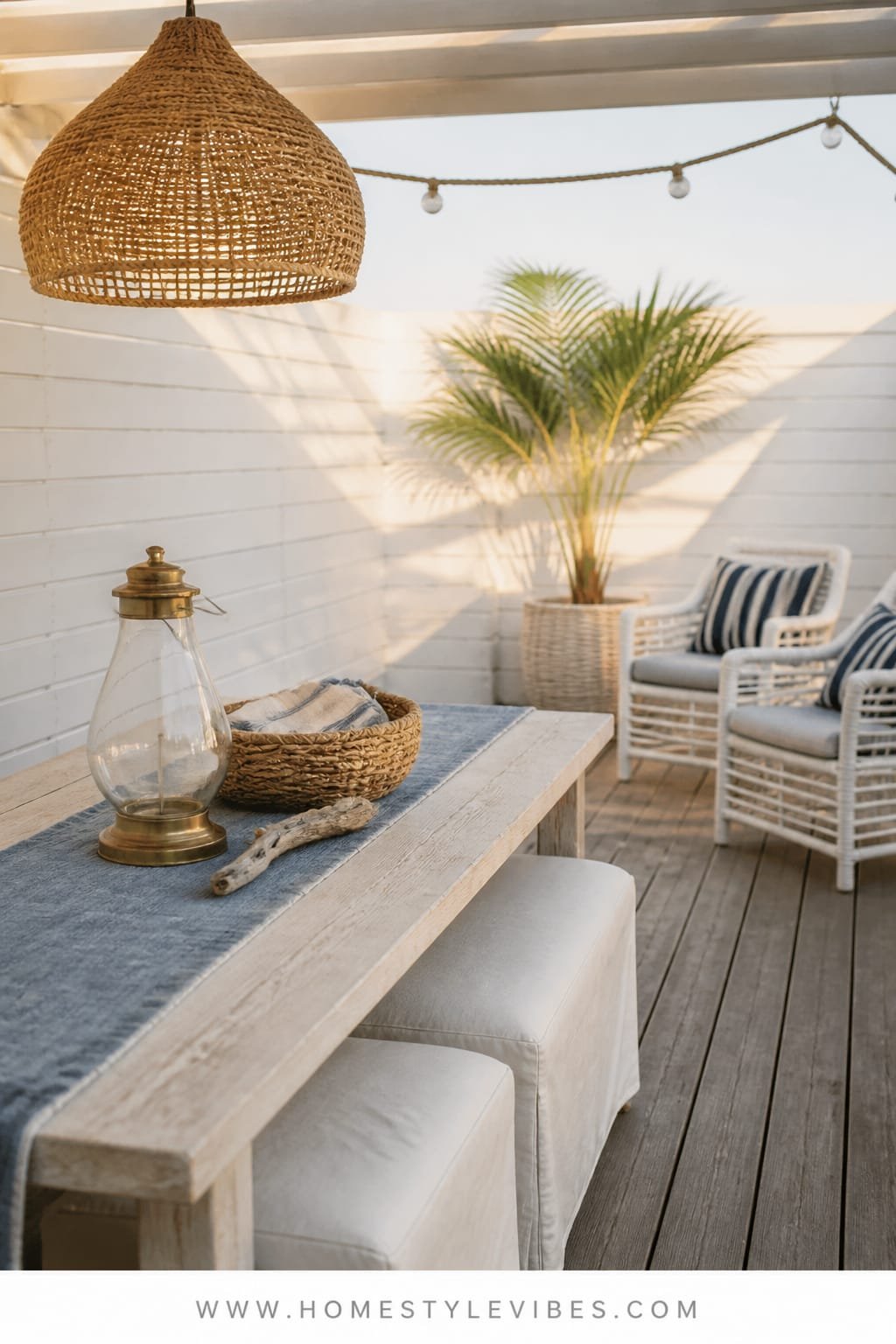 Exterior patio lounge in coastal style set for a small backyard gathering. Hero is a long whitewashed teak farmhouse table dressed in white linen slipcovered benches and a soft chambray runner occupying the left lower rule of thirds. The table holds a single clear glass hurricane lantern with weathered brass top, a woven seagrass basket with folded washed cotton napkins, and a driftwood piece as sculptural accent. Floor is weathered grey pine decking. Walls are crisp white shiplap fence panels with a simple rope strung overhead. A pair of white-painted rattan armchairs with navy and white striped pillows sit to the right, pulling the eye back. A tall palm in a white woven basket anchors the far corner as the single plant. Overhead lighting is an oversized rope pendant hung from a simple pergola beam. Airy density with generous negative space and soft breeze-through feeling. Golden afternoon light rakes across the scene with warm side glow and long shadows. Shot on Hasselblad H6D-100c, 80mm f4, Kodak Portra 400 color science with subtle grain. Lived-in details include a slight crease in the runner, faint scuffs on the decking, and soft patina on weathered brass. Shallow depth of field keeps the table hero crisp with background softly defocused. Portrait orientation 1024 by 1792 pixels, editorial quality. Bottom 3 percent is a pure white strip with centered uppercase text WWW.HOMESTYLEVIBES.COM in warm medium grey geometric sans, slightly tracked.