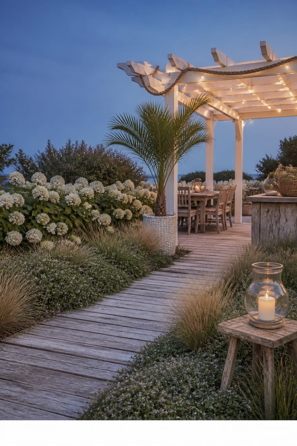 Garden path and pergola in coastal style leading to the dining zone. Hero is a weathered grey wood plank path running from lower left toward a simple white pergola draped with a loose rope accent and white string lights, occupying the upper right third. Grounding elements include layered planting of dune grass clumps, low creeping thyme ground cover, and a mid-height hydrangea hedge with soft white blooms appearing abstract without readable tags. To the right under the pergola a driftwood console is faintly visible, supporting the narrative without competing. A single tall palm in a white woven basket sits at the pergola entrance as the plant anchor. Lighting is blue hour exterior with visible warm glow from the string lights and a single hurricane lantern on a small weathered teak side table. Airy density with restrained props and generous sky slice at top. Shot three-quarter angled from a slight low position, Hasselblad H6D-100c, 80mm f4, Kodak Portra 400 with subtle grain, soft highlights, and natural patina on wood. Rule-of-thirds placement ensures the pergola hero dominates 40 to 55 percent of visual weight with path guiding the eye. Portrait orientation 1024 by 1792 pixels. Bottom 3 percent white strip with centered uppercase text WWW.HOMESTYLEVIBES.COM in warm medium grey.