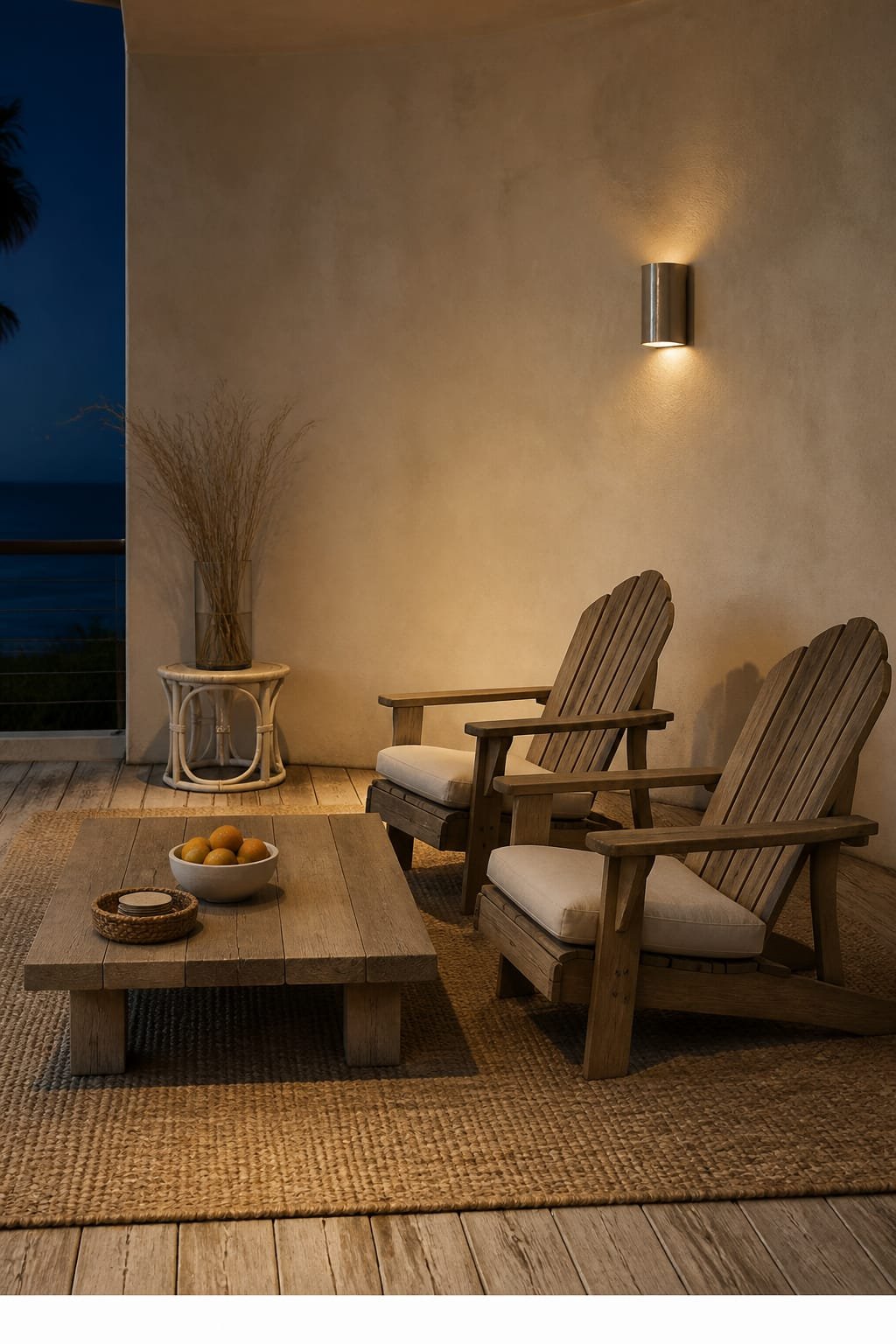 Terrace lounge seating zone in coastal style designed to prevent drink station bottlenecks by distributing surfaces. Hero is a pair of teak Adirondack chairs with soft sandy washed cotton seat pads angled conversationally on the right third, facing a low weathered teak coffee table. The table holds a single simple white stoneware bowl with citrus as color note only and a small seagrass basket with linen coasters, with no labels. Floor is large indoor-outdoor sisal rug over weathered grey pine decking. Back wall is warm cream limewash with gentle brush variation, and a brushed nickel sconce provides subtle evening glow. A slim white-painted rattan side table sits left background with a clear glass cylinder of beach grass as the single plant. Moody evening atmosphere with low warm lamp glow and deep coastal shadows, intimate and relaxed. Airy density with restrained props, one third intentional empty space. Shot eye-level architectural showcase on Hasselblad H6D-100c, 80mm f4, Kodak Portra 400 with gentle grain and micro-texture in limewash and wood. Rule-of-thirds composition holds the chair pair as hero at 45 percent visual weight. Portrait orientation 1024 by 1792 pixels. Bottom white strip 3 percent tall with centered uppercase text WWW.HOMESTYLEVIBES.COM in warm medium grey.
