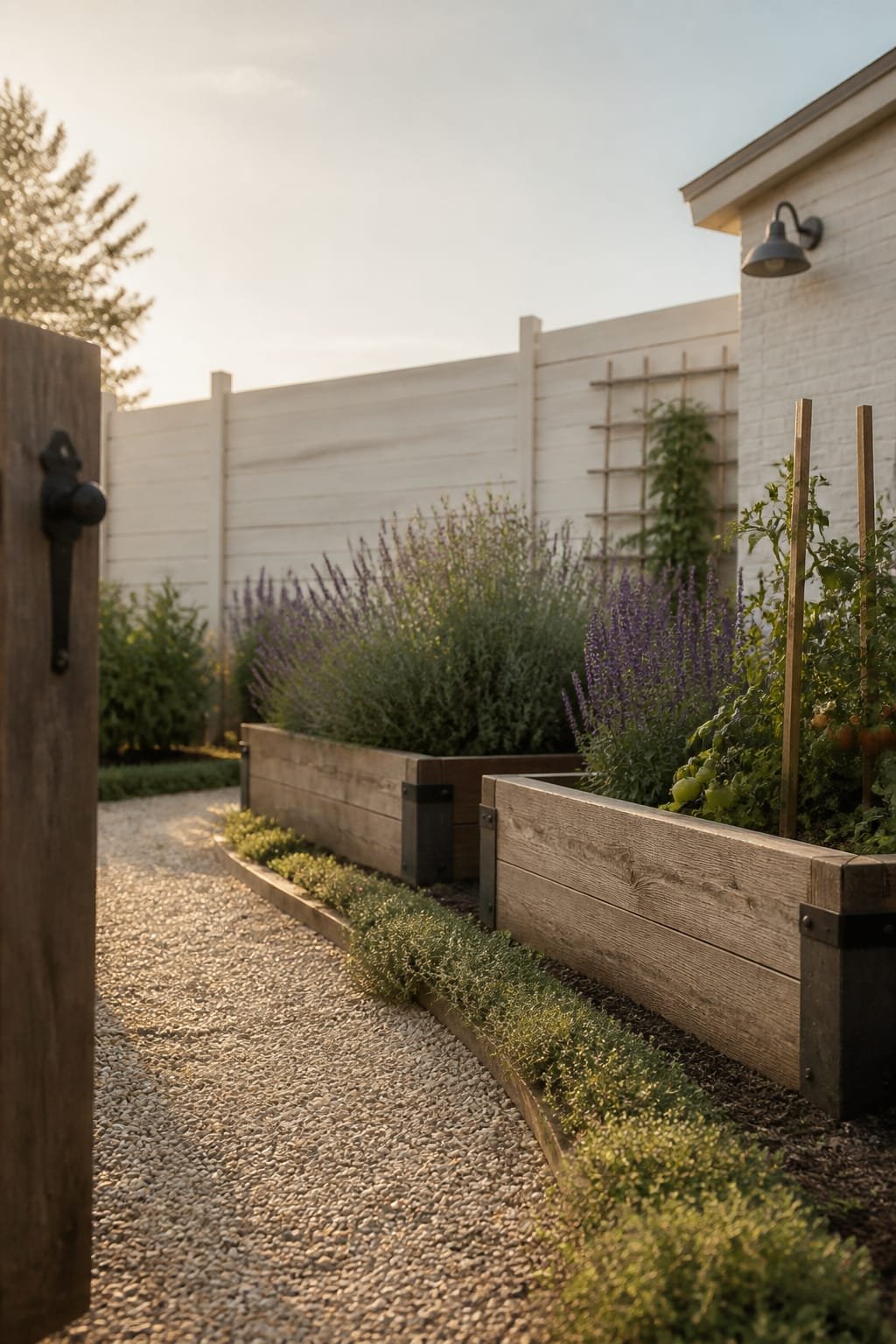Exterior scene in Modern Farmhouse style focused on a gently curving crushed gravel garden path as the hero, occupying the left lower rule-of-thirds, edged with weathered cedar boards and soft sage thyme spillover. Supporting elements include two raised beds in rough-sawn cedar with matte black corner brackets, a small white-painted brick garden shed partially visible, and a simple trellis at rear. Warm white ship-lapped fence forms the boundary, with layered plantings of lavender, salvia, and tomatoes staked with cedar battens. A single galvanized barn pendant on the shed hints at utility. Light is golden afternoon with long side light catching gravel sparkle and cedar grain. Surface details show plastery shed wall texture, knotty cedar, and natural patina on oil-rubbed bronze gate latch. Air holds a faint dust mote shimmer. Shot on Hasselblad H6D-100c 80mm at f4 Kodak Portra 400 with subtle film grain, shallow depth isolating the path while background softly falls off. Composition leaves one third negative space of pale fence and sky slice. Editorial restrained styling with 5 to 7 visible objects, matte black hardware as the only metal. Portrait 1024 by