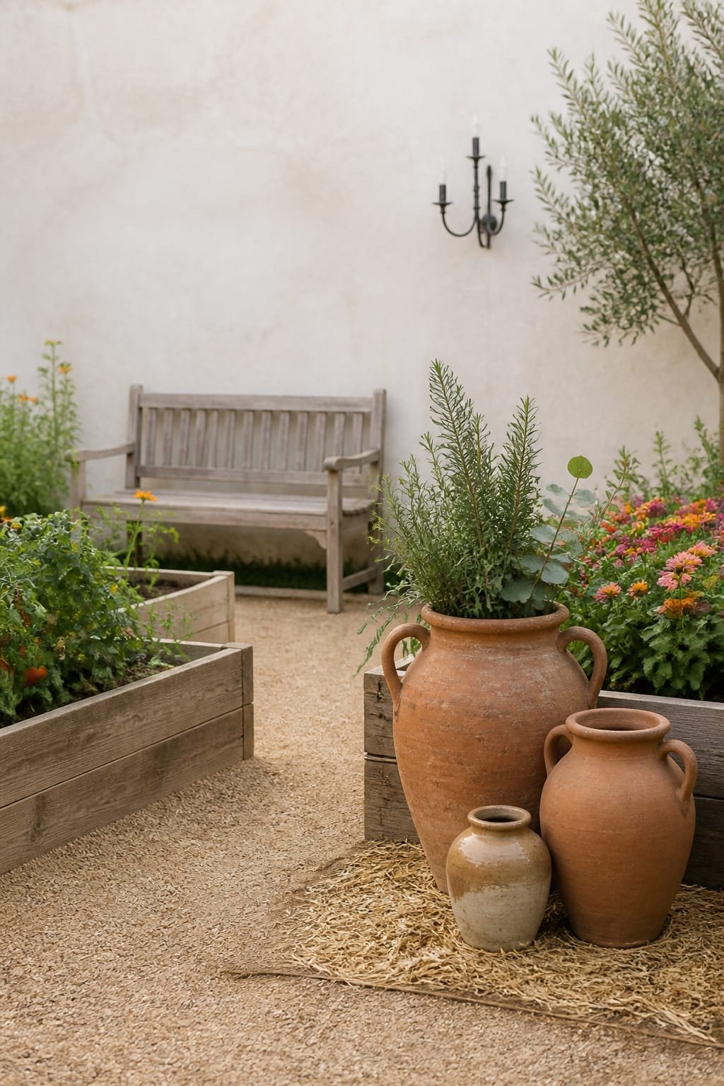 Exterior vegetable and flower garden in Modern Farmhouse style with a terracotta urn cluster as the hero on the right lower third, holding snipped herbs and a single eucalyptus stem for freshness. Surrounding are cedar raised beds planted with tomatoes, calendula, and zinnias, with weathered oak garden bench at midground. Paths are compacted decomposed granite with sisal doormat texture echoed by straw mulch. Backdrop is warm white plaster garden wall with soft brush strokes and a simple black wrought iron candelabra style sconce unlit. Diffused midday light gives even tones and restrained shadows, revealing micro-variations in terracotta and stoneware crock nearby. Element budget stays restrained with 5 to 7 objects, hardware in oil-rubbed bronze only. Slightly elevated three-quarter angle shows depth, rule-of-thirds composition with hero urns prominent and layered planting receding. Authentic imperfections include hairline checks in cedar, uneven plaster, and faint scuffs on bench. Shot on Hasselblad H6D-100c 80mm at f4 on Kodak Portra 400, subtle grain, natural matte surfaces. One third intentional empty space across the pale wall. Portrait 1024 by 1792 with white footer strip bearing centered uppercase URL in warm medium grey geometric sans serif: WWW.HOMESTYLEVIBES.COM