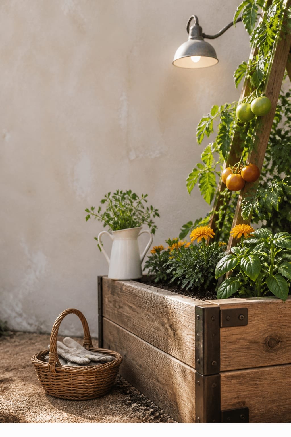 Exterior raised bed close vignette in Modern Farmhouse style with a cedar vegetable bed corner joint as the hero on the right lower third, showing weathered oak-toned grain and matte black corner bracket screws. Tomato vines climb a simple cedar A-frame, with marigolds and basil interplanted along textured compost soil. Background reveals a soft greige plaster garden wall and a vintage galvanized barn pendant overhead casting a gentle morning cone. A white ironstone pitcher with snipped herbs rests on the bed ledge, and a woven willow basket sits on the decomposed granite path. Bright morning light with slight overexposed highlights on leaves, dew sparkle, and crisp micro-texture on cedar and soil. Composition is a styled corner vignette with shallow depth isolating the joint while calendula blooms blur into bokeh. Element budget restrained to 5 to 7 items, hardware unified in oil-rubbed bronze. Imperfections include uneven plaster strokes, tiny soil scatter, and a crease in linen glove fabric peeking from the basket. Shot on Hasselblad H6D-100c 80mm f4 Kodak Portra 400, natural warm bias, subtle film grain. One third intentional empty space across the pale wall plane. Portrait 1024 by 1792 with white footer strip and centered uppercase URL in warm medium grey geometric sans serif: WWW.HOMESTYLEVIBES.COM