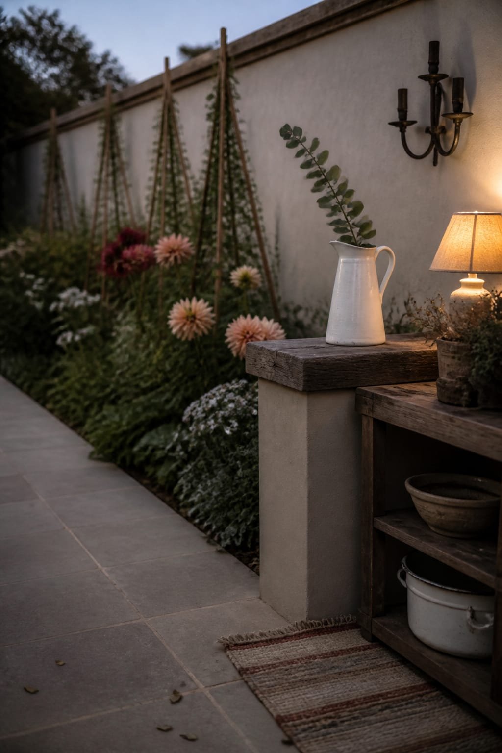 Exterior garden bed and border overview in Modern Farmhouse style with a white ironstone pitcher holding a single eucalyptus stem atop a low reclaimed wood boundary ledge as the hero on the right upper third. Foreground path is large square warm grey farmhouse tile with soft sanded joints. Beds beyond mix dahlias, feverfew, and climbing beans on cedar poles, arranged in layered heights. Boundary is a soft greige plaster wall topped with weathered oak cap piece, and a simple wrought iron candelabra mounted nearby unlit. Lighting is moody evening with low warm glow from a single white ceramic table lamp set on a side potting shelf, casting gentle shadows across foliage. A vintage rag rug in faded stripes lies near the ledge, hinting at comfort. Props rotate to a stoneware bowl and antique enamelware basin tucked under the shelf. Composition is an eye-level architectural showcase with generous negative space along the pale wall plane. Element budget remains restrained with 5 to 7 items, oil-rubbed bronze as the unified metal. Visible imperfections include small leaf litter on tile and faint checking in oak cap. Shot on Hasselblad H6D-100c 80mm f4 Kodak Portra 400, subtle film grain, shallow depth isolating the pitcher while garden layers soften. Portrait 1024 by 1792 with white footer strip and centered uppercase URL in warm medium grey geometric sans serif: WWW.HOMESTYLEVIBES.COM