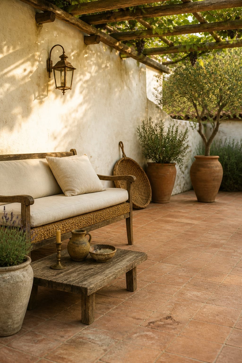 Exterior patio lounge in Mediterranean style at golden afternoon. Hero is a woven rush-seat olive wood bench with stonewashed cream linen cushion occupying left lower third. Terracotta-tiled patio with soft natural variation and uneven edges, warm white lime-washed plaster garden wall with visible brush strokes, weathered iron wall-mounted lantern above. Low rustic reclaimed wood table with a hand-thrown ochre stoneware jug and a sun-faded ceramic bowl. Overhead pergola in rough olive wood with grape vine casting dappled light. Layered planting around edges with potted lavender in a pale stone pot, rosemary in a clay vessel, and an olive tree in a tall terracotta urn. Single woven olive harvest basket leaned casually against the wall. Aged brass finish limited to a simple outdoor candle holder on table. Ultra-realistic editorial quality with Hasselblad H6D-100c, 80mm at f/4, Kodak Portra 400 warmth, subtle film grain. Natural imperfections like faint tile chips and soft linen creases. One third negative space across open patio floor. Rule-of-thirds composition with bench hero off-center. Soft golden side light, gentle shadows, matte surfaces. Portrait 1024 by