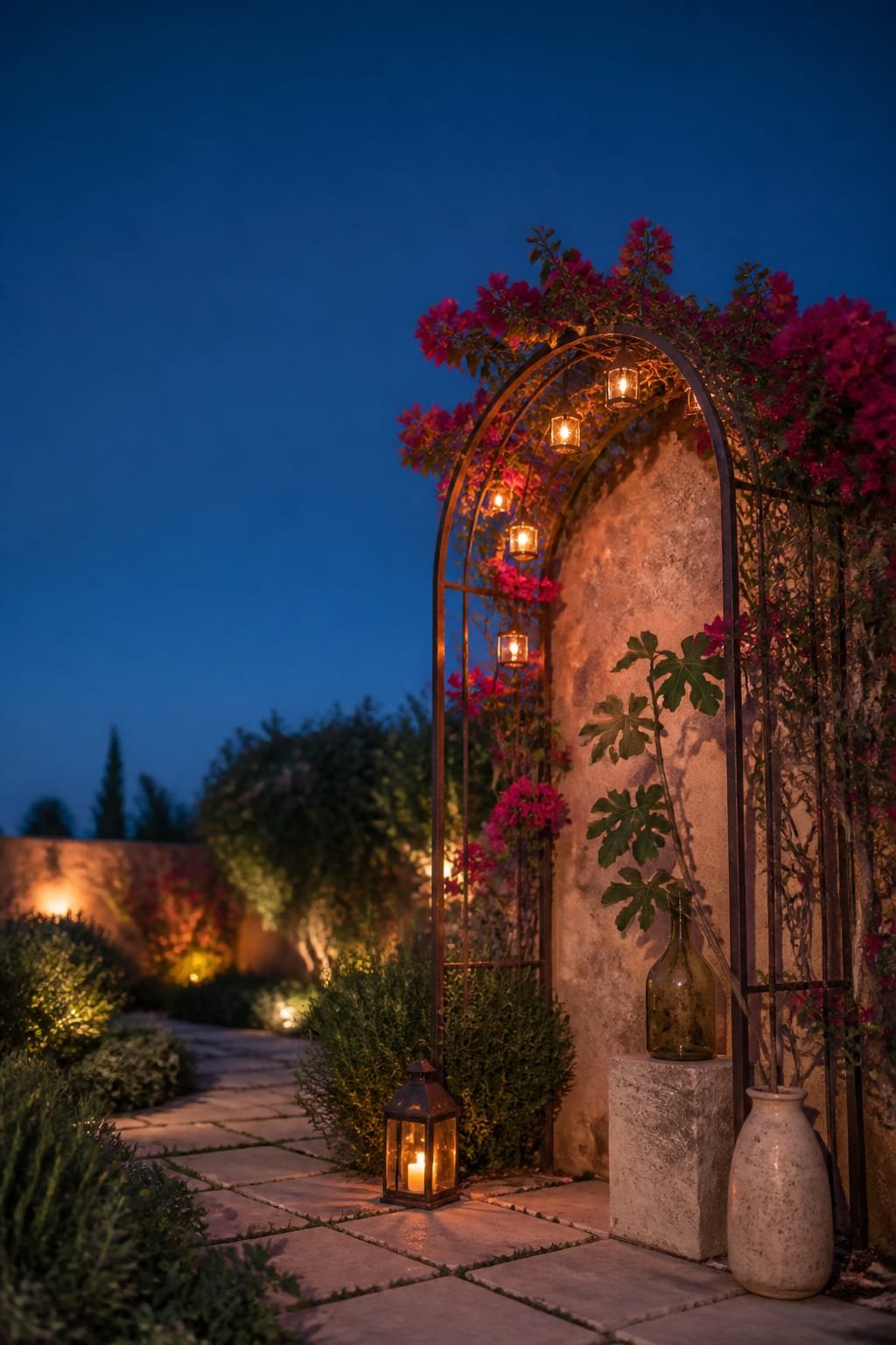 Garden path and trellis vignette in Mediterranean style at blue hour. Hero is a weathered iron arch trellis with climbing bougainvillea placed on right third, glowing string lanterns suspended from arch. Ground is sun-faded limestone pavers with thyme-filled joints, bordered by layered planting of rosemary mounds and low sage. Background shows terracotta tinted plaster garden wall with soft mottling. A small forged iron lantern sits on the path, and a vintage olive oil bottle serves as a vase on a low stone plinth. A single fig branch in a tall cream ceramic vessel rests near the arch. Hardware limited to blackened wrought iron across arch and lanterns. Shallow depth isolates the arch hero while garden recedes with natural bokeh. Lived-in imperfections include slight limewash drips and patina on iron. Editorial realism, Hasselblad H6D-100c, 80mm at f/4, Kodak Portra 400 with warm bias. Warm lantern glow contrasts deep blue sky, accurate soft highlights, one third of frame open sky and negative space. Portrait 1024 by