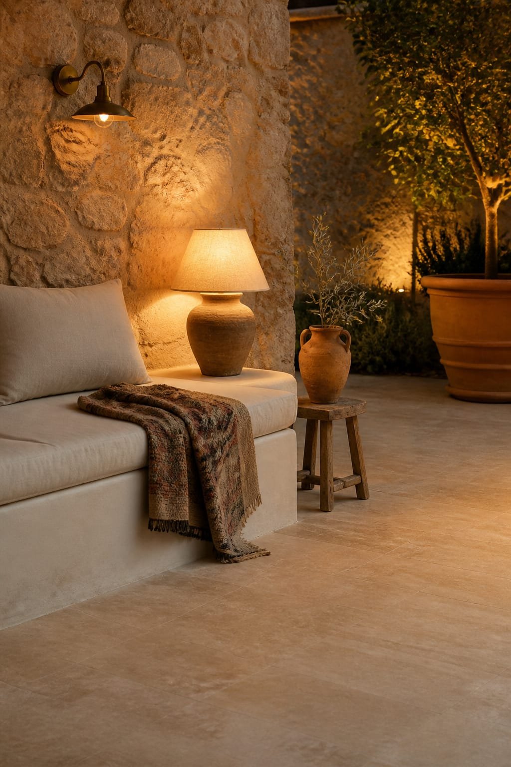 Textured seating nook in Mediterranean patio at moody evening. Hero is a low whitewashed masonry bench with thick cream linen cushion positioned on lower left third. Backdrop wall in exposed natural stone with soft golden undertones. Floor is honed travertine in warm cream with restrained veining. On the bench corner sits a vintage Berber rug folded casually, and a raw clay pottery table lamp with linen shade pools warm light. A small rustic reclaimed wood stool acts as side table holding a weathered clay amphora with a single olive branch. A potted citrus tree in a terracotta urn anchors the far edge. Hardware finish unified as aged brass seen on a simple wall sconce above. Layered planting restrained and sun-loving. Ultra-realistic editorial detail with Hasselblad H6D-100c, 80mm f/4, Kodak Portra 400 grain and warmth. Subtle fabric creases and stone pores visible, soft accurate shadows, one third intentional empty space across travertine floor. Rule-of-thirds composition, hero bench dominant at 45 percent weight. Portrait 1024 by