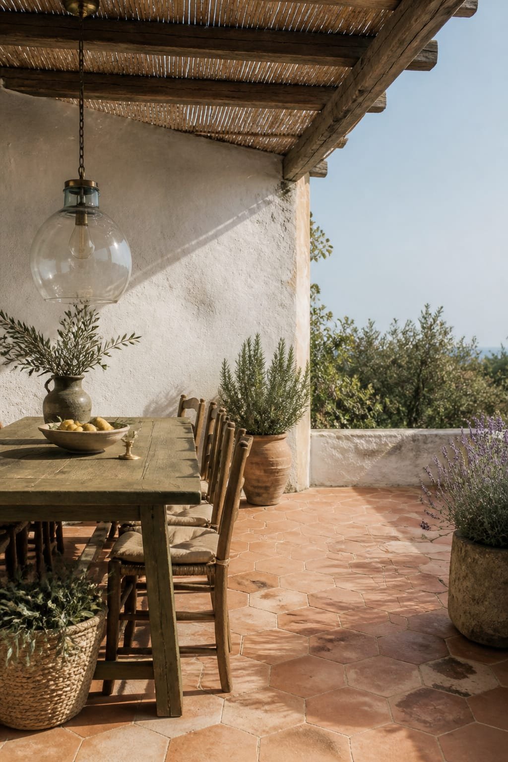 Outdoor dining terrace in Mediterranean style at bright morning. Hero is a long rustic farmhouse table in olive wood set on left third beneath a pergola with reed shading. Floor in weathered terracotta hex tile with gentle variation. Wall finish behind is warm white lime-washed plaster with subtle brush texture. Seating is woven rush chairs with soft natural linen seat pads. Lighting is a simple oversized hand-blown glass pendant hung low from pergola beam with aged brass chain. Styling shows a stoneware crock, a sun-faded ceramic bowl of lemons, and a woven olive harvest basket under the table. Plants include lavender in a stone pot and rosemary in a clay vessel flanking the scene. Single metal finish kept to aged brass at pendant and a small brass candle cup. Soft morning light slightly overexposed at edges with realistic bloom, shallow depth isolating table hero. Editorial realism on Hasselblad H6D-100c, 80mm f/4, Kodak Portra 400, visible grain and imperfections like tile hairlines and wood checking. One third breathing space across open terrace and sky slice. Portrait 1024 by