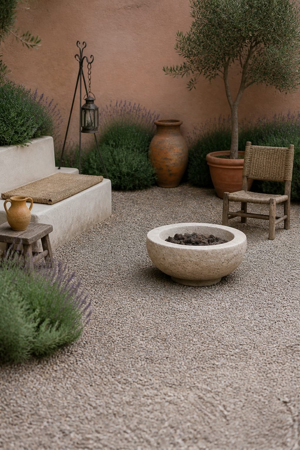 Fire pit seating area in Mediterranean garden at diffused midday. Hero is a circular low stone fire bowl in pale limestone centered on lower right third, unlit for daytime texture focus. Surround in pea gravel with natural shadow gap to a Roman clay honey-toned garden wall. Seating includes a low whitewashed masonry bench with woven jute cushion and a single woven rush-seat chair opposite. A forged iron tripod stand holds a hanging glass lantern near the bench. Vessels include a hand-thrown ochre stoneware pitcher on a small reclaimed wood side table and a weathered clay amphora tucked against the wall. Plants are a potted olive tree in terracotta and beachy rosemary mounds with soft lavender tufts layered in depth. Metal finish unified as blackened wrought iron on lantern and tripod. Ultra-realistic editorial capture, Hasselblad H6D-100c, 80mm f/4, Kodak Portra 400 with gentle warmth, micro-texture visible in clay and gravel, lived-in scuffs on bench. Even soft light, shallow depth, one third negative space across gravel foreground. Portrait 1024 by