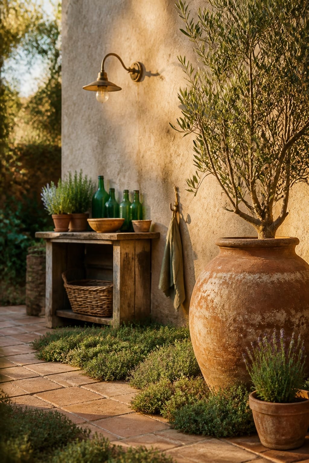 Garden path to potting corner in Mediterranean courtyard at golden afternoon. Hero is a weathered terracotta urn with a mature potted olive tree positioned on right upper third, leaves glowing in side light. Path is large terracotta tile broken by soft thyme ground cover, leading to a simple olive wood potting bench against a sand-toned stucco wall. Bench holds vintage olive oil bottles in green glass and a sun-faded ceramic bowl, with a woven olive harvest basket beneath. Lighting provided by a vintage brass arm sconce above the bench. Nearby stone pot brims with rosemary, while a single lavender pot sits on the path edge for layered planting. Hardware unified as aged brass at the sconce and a small brass hook. Ultra-realistic editorial feel with Hasselblad H6D-100c, 80mm f/4, Kodak Portra 400 warmth, tangible plaster grain, clay patina, and gentle leaf movement blur in background bokeh. Rule-of-thirds composition, hero urn carries 50 percent visual weight, one third negative space across stucco wall. Soft golden side light with accurate shadows. Portrait 1024 by