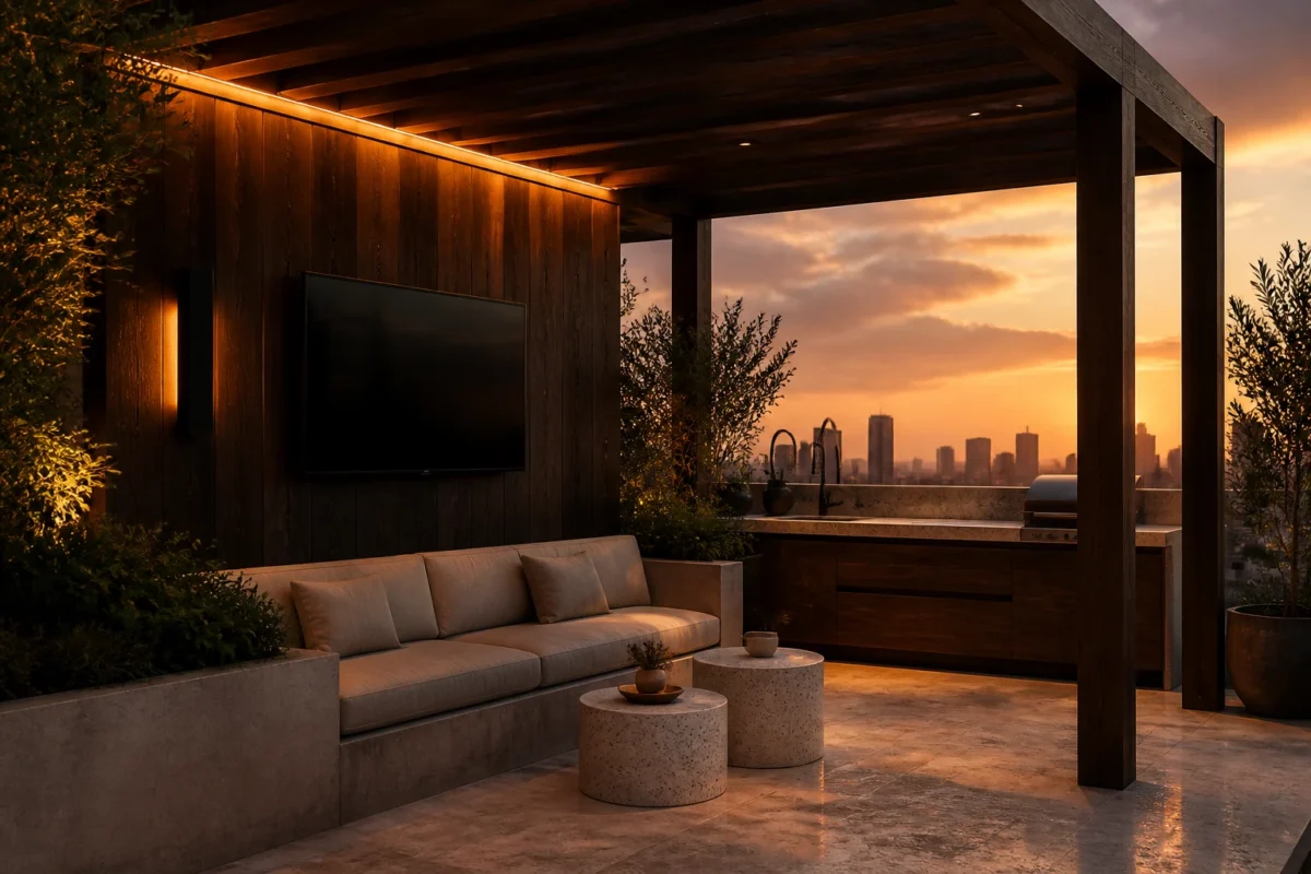 7 Outdoor Entertainment Space Ideas With TV Rooftop Lounge And Outdoor Kitchen