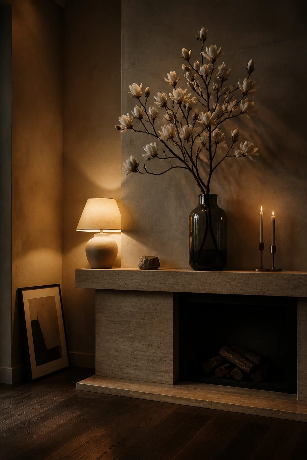 Hero focal point: a single sculptural magnolia branch rising from a dark smoked glass carafe centered on the mantel. Scene mode. A lime-washed plaster fireplace wall meets a side wall of the same finish, with a honed travertine surround and a low hearth slab. Late evening MOODY DRAMATIC LUXE atmosphere with a low warm glow from a single ceramic table lamp with a linen shade placed at one end, and a restrained pair of beeswax tapers in a smoked brass holder at the other end. Composition is an off-center styled corner vignette with the branch occupying just over forty percent of the frame. Floor shows oxidized oak planks. One framed abstract in muted ink tones leans casually, no readable text. Clean shadow gap at all material transitions. One metal finish only in smoked brass. Supporting prop is a small raw stone object. Vertical 9 by 16 ratio, subtle film-like grain, deep shadows, gentle reflections. Thin white footer strip centered with WWW.HOMESTYLEVIBES.COM