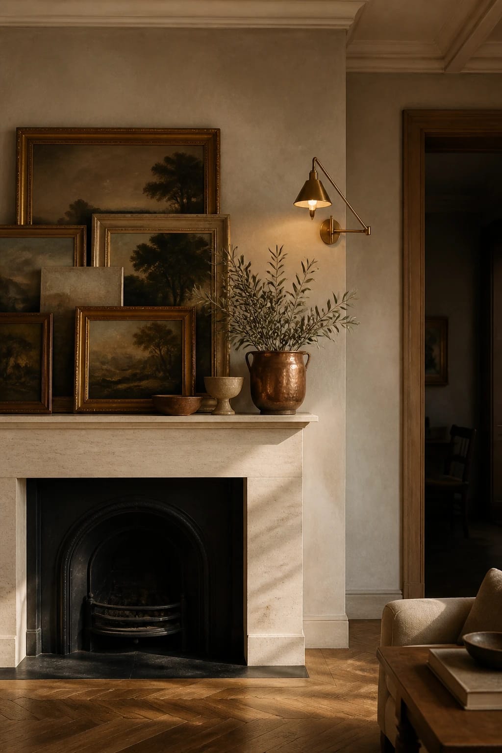 Hero focal point: a layered mantel stack of vintage oil paintings leaning in front of each other with visible patina and gilded frames. Scene mode. Warm EARTHY atmosphere with late afternoon golden light raking across a microcement chimney breast and a honed travertine surround. The composition is a wide shot of the overall result with the art cluster dominating the left half. Below, a black cast iron firebox sits clean and unlit. On the mantel, a weathered copper vessel holds an olive branch with soft silvery leaves. A vintage wooden bowl rests beside a short sculptural ceramic bowl. An unlacquered brass swing-arm sconce is mounted above, providing a gentle accent glow, maintaining one metal finish. Oak parquet flooring grounds the scene, and a ceiling edge is visible for architectural depth. All transitions use a clean recessed shadow gap. Vertical 9 by 16, editorial realism, soft depth, no readable text on any objects. Thin white footer strip centered with WWW.HOMESTYLEVIBES.COM