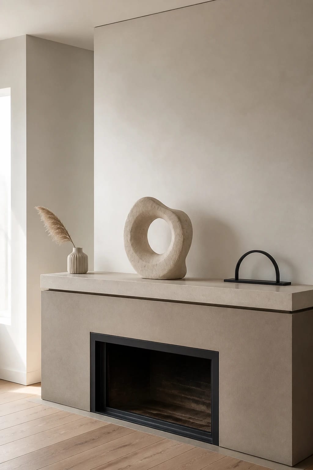Hero focal point: a minimalist negative space mantel with a single tactile limestone sculpture set on center, occupying the main visual weight. Scene mode. MODERN CALM atmosphere with pale plaster walls and a microcement fireplace surround in soft taupe, lit by midday diffused light from a nearby window edge. Composition is a single hero object with the background softly blurred, showing intersecting walls and a sliver of ceiling line. The mantel surface is honed limestone, edges crisp with a shadow gap to the wall. Supporting elements limited to two pieces only: a pleated bud vase holding one dried pampas stem placed asymmetrically, and a restrained matte black linear candle holder without a candle. One metal finish in matte black appears on a discreet trim around the firebox. Wide-plank oak floor in a natural tone is partially visible. Vertical 9 by 16, magazine quality, restrained palette, breathable negative space, no readable text. Thin white footer strip centered with WWW.HOMESTYLEVIBES.COM