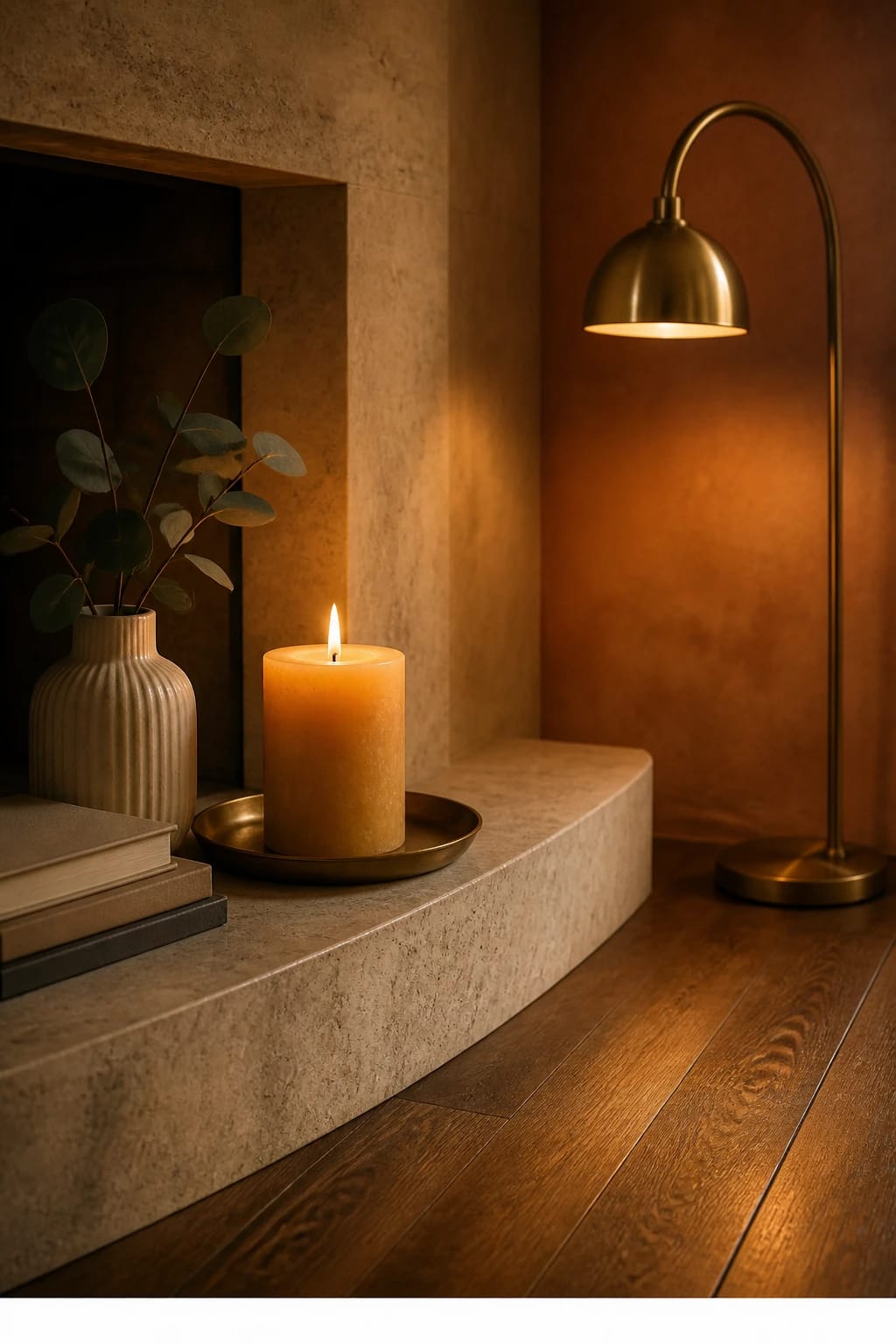 Hero focal point: a glowing candle tableau centered on the hearth ledge, featuring a single substantial beeswax pillar on a smoked brass plate, surrounded by restrained support. Scene mode. WARM EARTHY atmosphere with soft amber light reflecting off a honed travertine surround and terracotta-tinted limewash on the adjacent wall. Composition is a lifestyle surface with two to three related objects, shown close but with shallow depth, the candle grouping filling just over forty percent of the frame. Support includes a ribbed ceramic vessel holding a eucalyptus stem and a short stack of design books turned so spines are indistinct. A low-profile arched brass floor lamp casts a gentle pool of light, keeping a single metal finish. Floor shows oiled oak boards with natural grain. Clean transitions, no decorative strips. Vertical 9 by 16, natural grain and texture, subtle reflections, no text anywhere except footer. Thin white footer strip centered with WWW.HOMESTYLEVIBES.COM