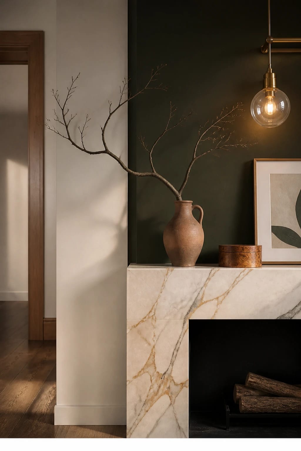 Hero focal point: a sculptural minimalist branch moment featuring a single bare branch with gentle movement set in a raw terracotta jug on a clean mantel. Scene mode. CONTEMPORARY EDITORIAL atmosphere with late afternoon drama. Fireplace surround in honed Calacatta marble with bold warm veining, wall finished in warm white plaster. A forest green painted panel section above the mantel acts as a simple backdrop with no text or pattern, transitions resolved by a recessed shadow gap. Composition is a styled corner vignette with the branch occupying slightly over forty percent of the frame. Supporting props limited to a burl wood round box and a framed botanical print leaning with abstract shapes only. Lighting from a single sculptural glass globe pendant on a brass rail casts a warm LED glow, keeping unlacquered brass as the only metal finish. Wide oak floorboards and a doorway edge provide architecture and depth. Vertical 9 by 16, hyper realistic, restrained styling, no readable text. Thin white footer strip centered with WWW.HOMESTYLEVIBES.COM