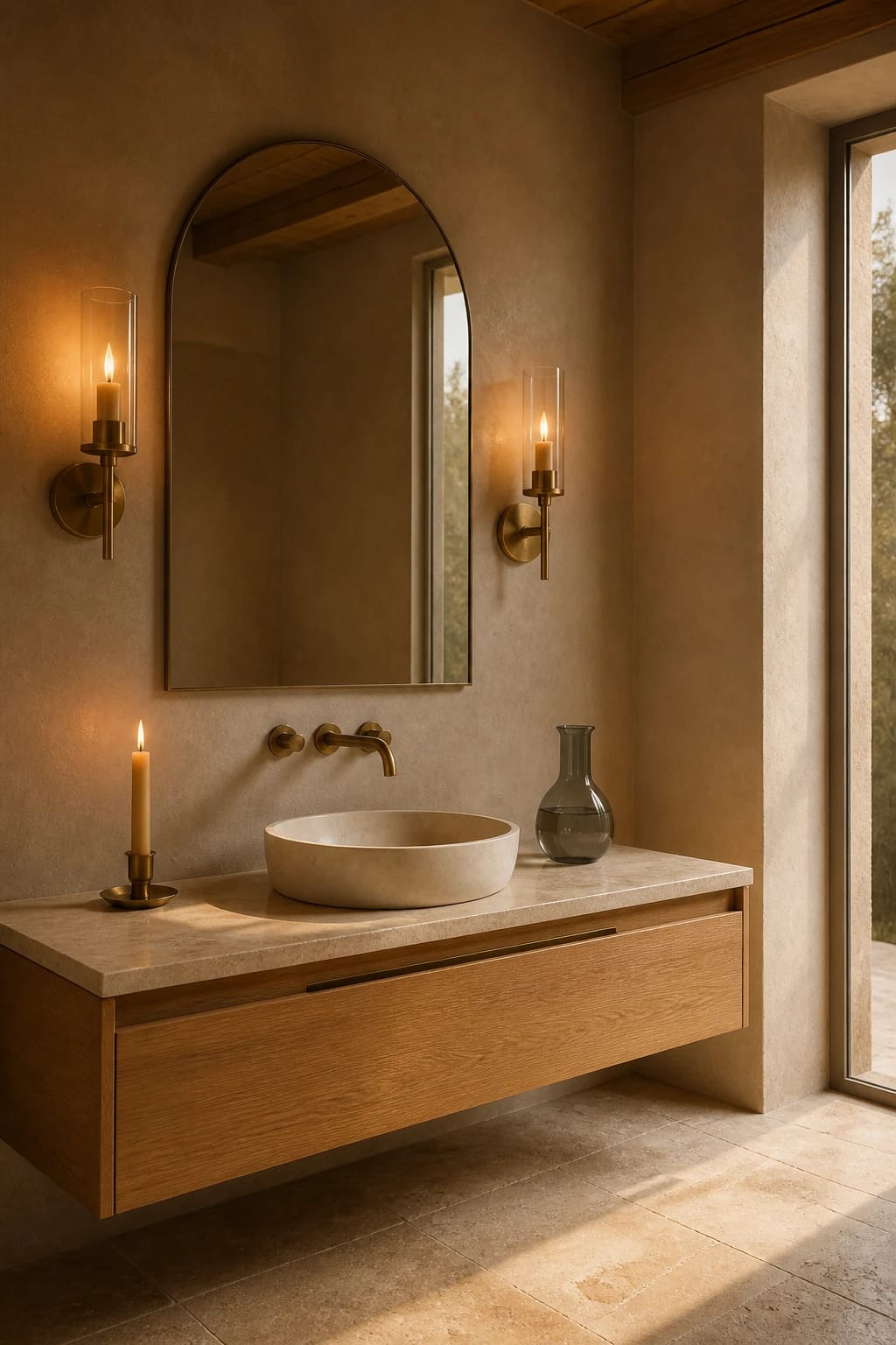 Hero focal point: pair of warm brass sconces casting candlelike glow beside an arched frameless mirror. Scene mode in a bathing space with a floating oak vanity in honey tone topped with honed travertine and a soft white stone vessel basin. Microcement plaster walls in warm taupe meet a limestone floor with a clean shadow gap at the base. Late afternoon WARM EARTHY atmosphere with golden light and restrained highlights. A single beeswax taper in a brass holder sits on the vanity as a supporting accent, flame visible and calm. A smoked glass carafe with water sits nearby, both objects kept minimal. Unlacquered brass is the only metal finish across faucet, drawer pull edge, and sconces. Off center composition shows the mirror and sconces dominating about half the frame with visible ceiling edge and window jamb on the opposite side. No clutter on the surface and no labels. Vertical 9 by 16 ratio with subtle grain and material texture. Footer thin white strip with centered text WWW.HOMESTYLEVIBES.COM