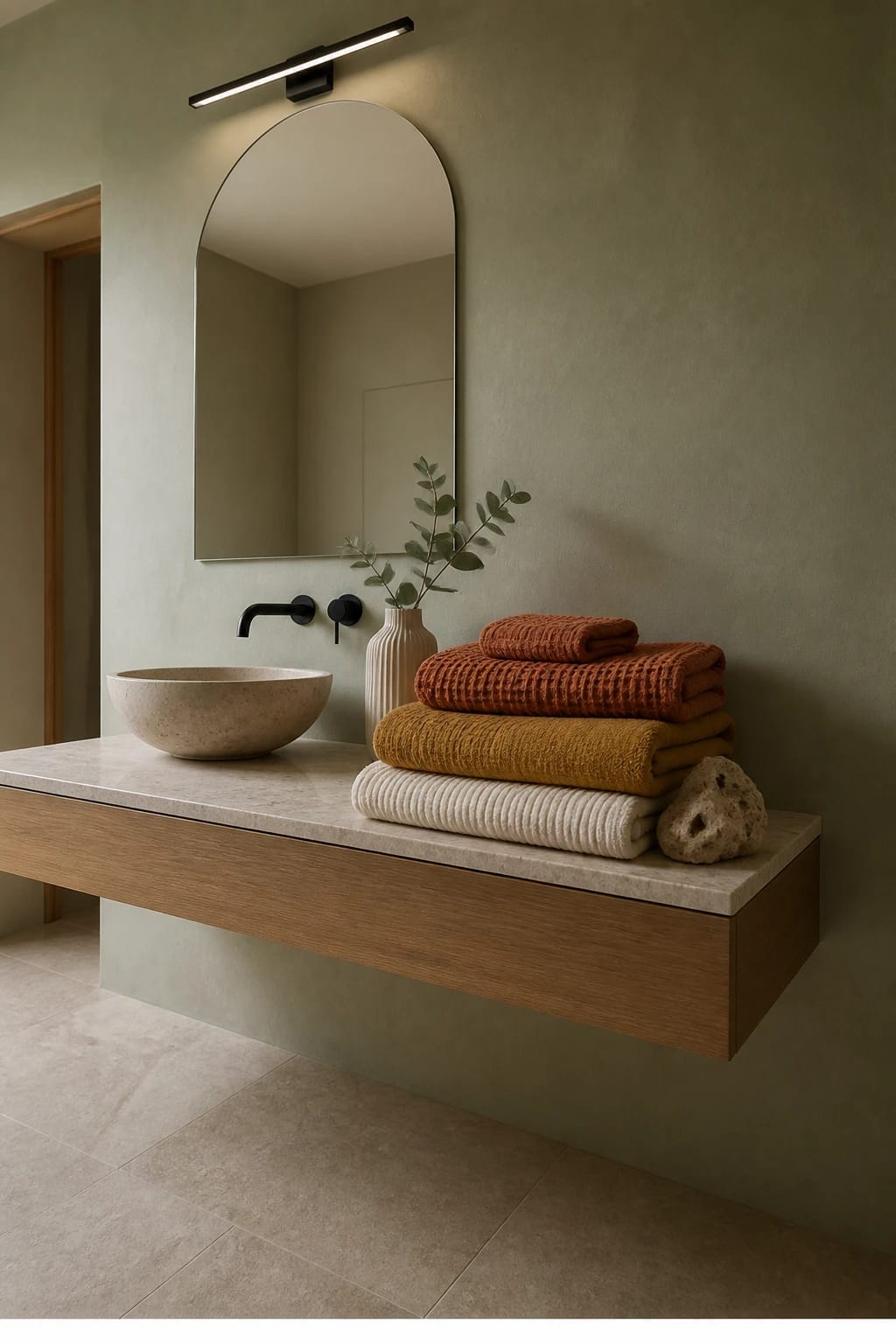 Hero focal point: folded textile stack in autumn tones on a floating oak vanity shelf. Scene shows an arched frameless mirror above a honed travertine top and stone vessel basin, with sage limewash walls and pale limestone floor. MODERN CALM midday diffused light with soft shadows. The textile cluster includes a terracotta waffle hand towel, a deep ochre ribbed bath towel, and a cream cotton bath mat neatly rolled. Matte black wall mixer is the singular metal, echoed by a slim matte black linear LED sconce above the mirror. One ribbed ceramic vessel holds a single eucalyptus stem as the sole plant element. A raw stone object rests beside the textile stack as a quiet sculptural note. Architecture includes the vanity wall intersection, floor, and a doorway reveal with a clean recessed shadow gap. The textile stack occupies roughly half the frame to read as the clear hero. Vertical 9 by 16, editorial naturalism, restrained styling. Footer thin white strip with centered text WWW.HOMESTYLEVIBES.COM