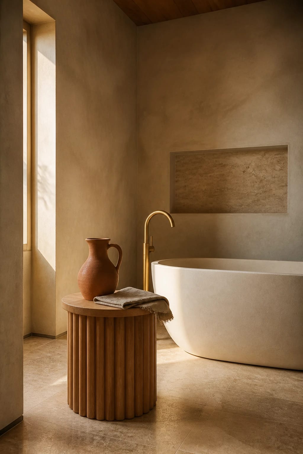 Hero focal point: fluted oak stool styled as a natural materials moment beside a freestanding oval soaking tub. Microcement plaster walls in warm sand meet a continuous honed travertine floor with a clean shadow gap at the base. WARM EARTHY atmosphere with late afternoon light raking across textures. The stool top holds a raw terracotta jug and a folded linen, both supporting but secondary. Unlacquered brass tub filler with gentle curve is the only metal in frame. A recessed wall niche with honed travertine back panel sits beyond, empty and calm. Composition is off center with the stool and jug taking up about half the visual weight, while the tub and wall planes provide breathing room and depth. No mosaic details, no labels, no competing props. Visible ceiling edge and a window jamb deliver architectural context. Material truth is rich and tactile with subtle film like grain. Vertical 9 by 16, magazine quiet. Footer thin white strip with centered text WWW.HOMESTYLEVIBES.COM