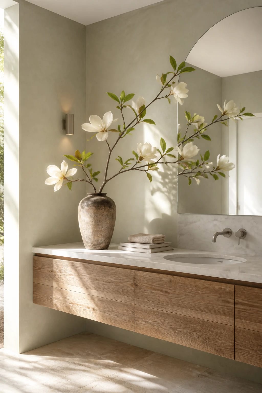 Hero focal point: a single magnolia branch arranged in a weathered urn on the floating oak vanity. Sage limewash walls and honed Calacatta marble counter with soft restrained veining frame the composition. An arched frameless mirror reflects gentle morning light. BRIGHT AIRY SPA atmosphere with almost overexposed highlights grazing the branch leaves. Brushed nickel wall mixer and a low profile brushed nickel sconce are the only metal elements. Supporting props are limited to a small stack of design books with unreadable spines and a neatly folded linen. Limestone floor runs continuous to a clean shadow gap at the wall. The urn and branch occupy about half the frame, with intersecting wall and ceiling edges giving structure. Styling density stays minimal and serene, no labels or extra candles. Natural color science, quiet reflections on marble, visible leaf texture. Vertical 9 by 16, editorial realism. Footer thin white strip with centered text WWW.HOMESTYLEVIBES.COM