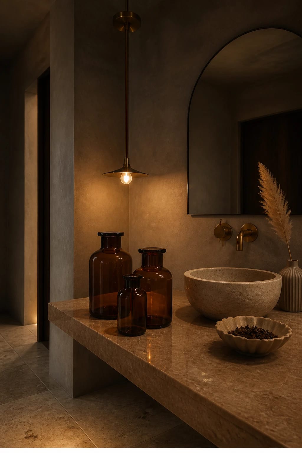 Hero focal point: a trio of amber glass apothecary style bottles without labels arranged as a fall scent ritual on the travertine vanity top. Microcement plaster walls in soft taupe, arched frameless mirror, and a stone vessel basin set the scene. MOODY DRAMATIC LUXE with evening warmth from a low brass pendant casting an intimate glow. Unlacquered brass wall mixer and pendant canopy provide the sole metal finish. A single sculptural ceramic bowl holds dried cloves as a subtle supporting cue. One dried pampas single stem in a pleated bud vase sits to the side, kept secondary. The bottle group commands about half the visual weight with soft reflections on the honed surface. Composition reveals floor and wall intersection plus a doorway shadow gap for architectural credibility. Deep shadows with amber highlights, rich tonal depth, no text anywhere on objects. Vertical 9 by 16, magazine quality. Footer thin white strip with centered text WWW.HOMESTYLEVIBES.COM
