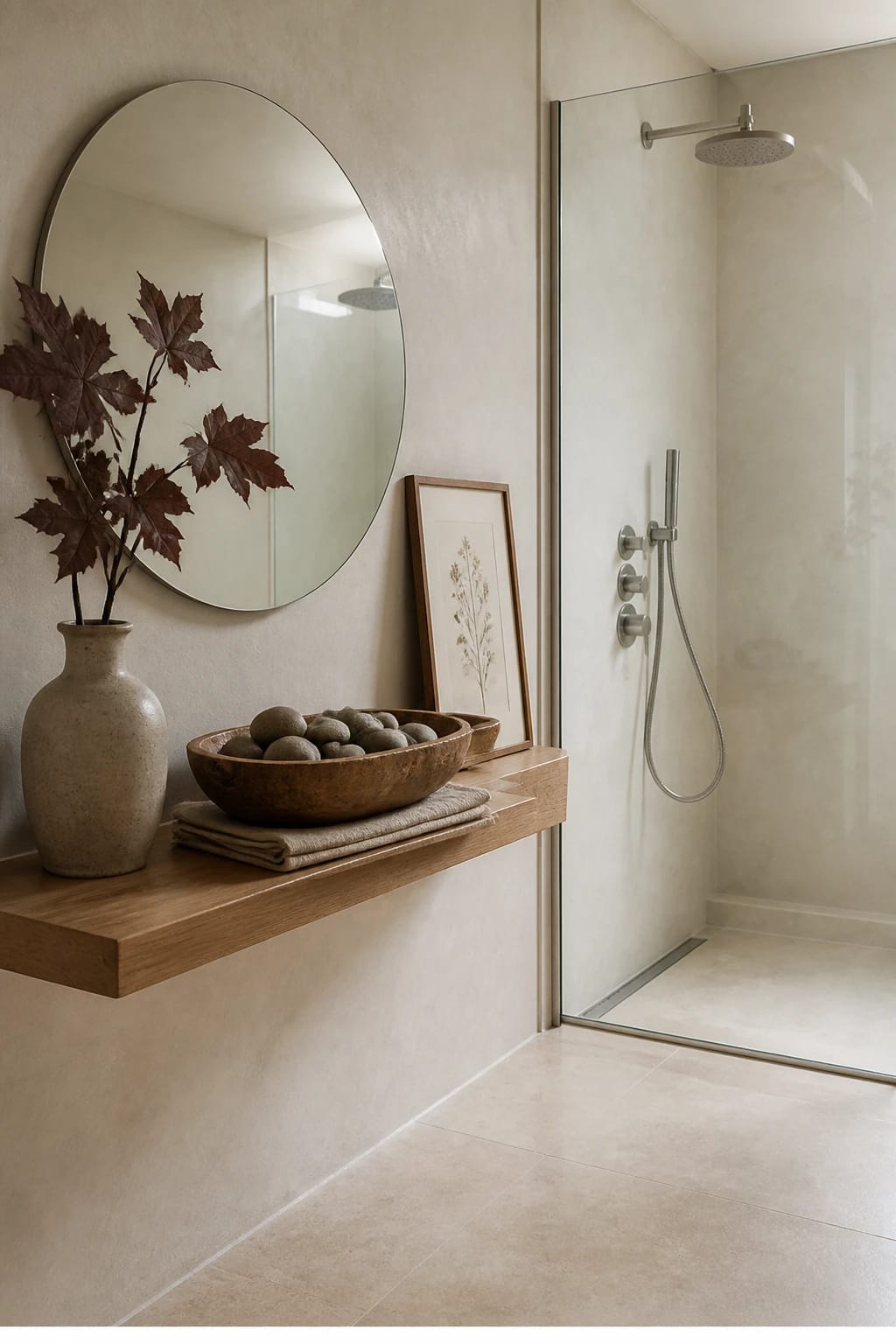 Hero focal point: a styled vignette on a narrow floating oak shelf mounted beside a frameless walk in shower with linear drain. The vignette centers on a vintage wooden bowl containing smooth river stones, placed beneath a round oversized mirror with softly rounded edges and a clean shadow gap detail. MODERN CALM mid day diffused light. Walls in pale plaster, floor in honed limestone, shower glass with restrained reflections. Brushed nickel shower hardware is the only metal finish. Supporting elements include a hand thrown stoneware vessel with a dark fig leaf branch and a framed botanical print leaning with no readable text. A neatly folded linen sits under the bowl as the single textile cluster. The vignette holds roughly half the frame while the shower and wall intersection add depth and breathing room. All transitions are clean and continuous, no mosaic or mixed fragments. Vertical 9 by 16, hyper realistic with subtle grain. Footer thin white strip with centered text WWW.HOMESTYLEVIBES.COM