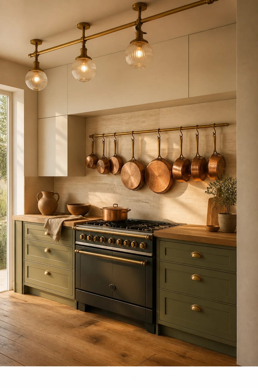 Hero focal point: copper cookware rail styled above the range. Scene mode. Warm earthy. A shaker sage green base with brass cup pulls anchors a matte range alcove with a large-format travertine backsplash in soft cream. A single unlacquered brass rail holds a concise set of burnished copper pans occupying the central field, catching late afternoon golden light from a nearby window edge. Handleless slab matte upper cabinets in warm white frame the scene with a clean recessed shadow gap at transitions. A honed butcher block oak worktop sits below with a single raw terracotta jug, a folded oatmeal linen, and a vintage wooden bowl. Three sculptural glass globe pendants on a brass rail glow subtly, reinforcing one metal finish only. Floor in wide-plank honey oak, ceiling edge and an intersecting wall visible for depth. The cookware rail dominates about half the frame, with restrained styling and soft shadows. Thin white footer strip at the bottom reading WWW.HOMESTYLEVIBES.COM
