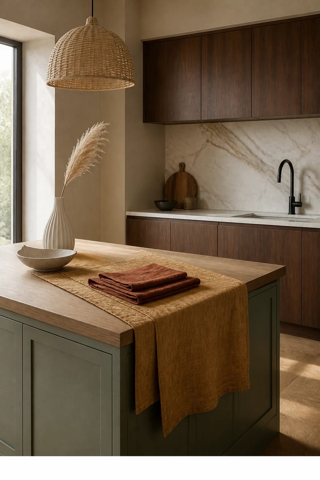 Hero focal point: layered linen runner and napkins on the island. Scene mode. Modern calm. A shaker sage green island with butcher block oak top holds a stonewashed linen runner in ochre layered with two folded rust linen napkins that occupy the visual center. Surrounding cabinetry in dark walnut veneer flat-front sits opposite a book-matched marble slab backsplash with soft restrained veining. A matte black gooseneck faucet rises from a polished quartzite perimeter, kept clear. One oversize rattan dome pendant provides warm diffused midday light along with a tall window edge. A single pleated bud vase in matte ceramic holds a dried pampas single stem. A sculptural ceramic bowl rests nearby. Floor in oak parquet, plaster walls in soft taupe, clean recessed shadow gaps at material changes. The textile cluster reads as the hero at roughly half the frame with off-center composition and ample breathing room. Thin white footer strip at the bottom reading WWW.HOMESTYLEVIBES.COM