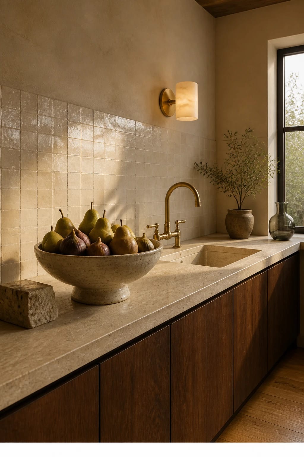 Hero focal point: earthy ceramic fruit still life on the counter. Scene mode. Warm earthy. A dark walnut veneer flat-front base cabinet meets a honed travertine worktop under a Zellige tile in cream backsplash with gentle variation. Center stage is a hand-thrown stoneware pedestal bowl filled with seasonal pears and figs, lit by late afternoon sun, occupying about half the frame. A single unlacquered brass bridge faucet arcs over an undermount basin with softly rounded edges. One alabaster sconce on a brass backplate glows warmly, with visible wall and ceiling edge. Styling stays minimal with a raw stone object beside the bowl and a smoked glass carafe near the window edge. Wide-plank honey oak floor, plaster wall in warm sand, transitions kept to clean shadow gaps. Natural texture and restrained palette emphasize material truth, with subtle film-like grain and soft specular highlights on fruit and ceramic glaze. Thin white footer strip at the bottom reading WWW.HOMESTYLEVIBES.COM