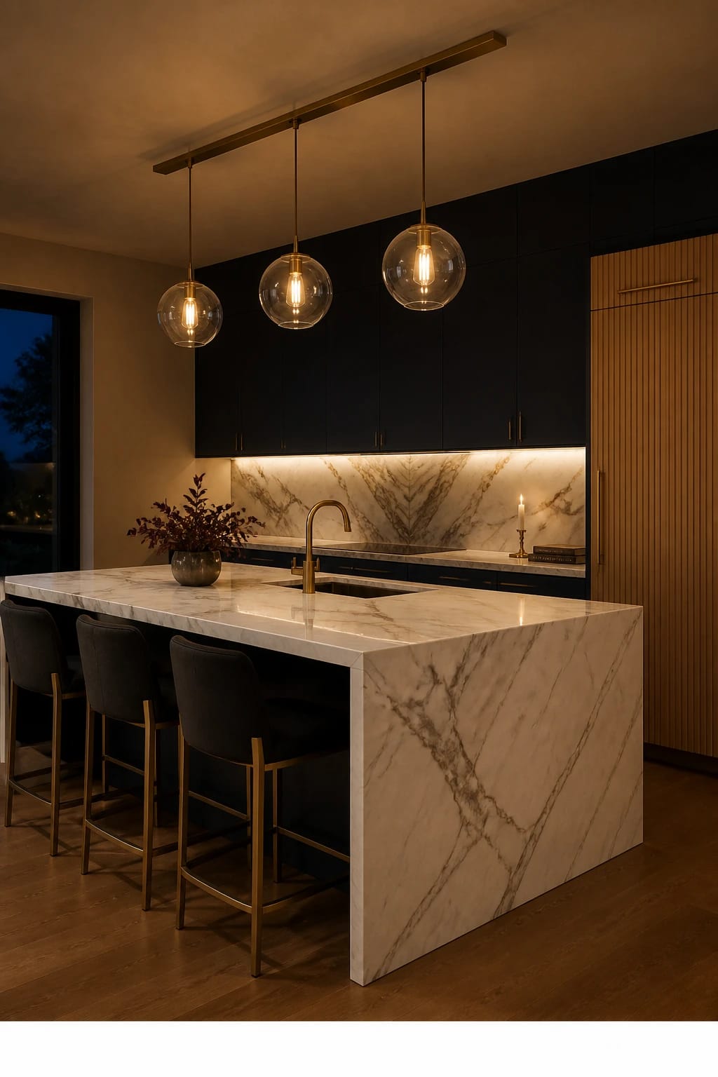 Hero focal point: layered lighting over the island. Scene mode. Contemporary editorial. A honed Calacatta waterfall island with bold veining dominates the center under three sculptural glass globe pendants on a brass rail, the primary glow source, occupying about half the frame. Surrounding cabinetry is deep navy flat-front paired with warm white oak vertical fluting on a single tall appliance panel running consistently in one direction. A continuous under-cabinet warm LED strip washes a book-matched marble slab backsplash. A brushed nickel articulated faucet is omitted to maintain one metal finish, so select unlacquered brass as the sole hardware across pulls and lighting. Perimeter quartzite counters remain clear except for a single beeswax taper in brass holder and a stack of design books with unreadable spines. Evening atmosphere with deep shadows and warm highlights, visible window edge and intersecting walls for depth, oak floor grounding the scene. Thin white footer strip at the bottom reading WWW.HOMESTYLEVIBES.COM