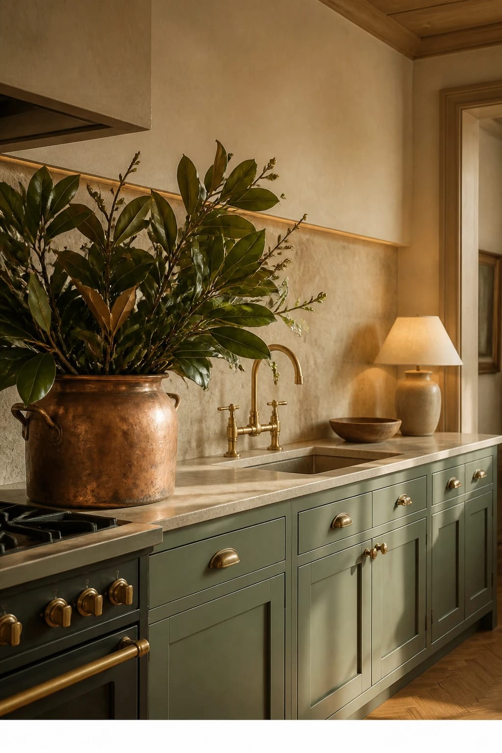 Hero focal point: copper pot with herb bundle on the range corner. Scene mode. Warm earthy. Shaker sage green base cabinets with brass cup pulls support a polished quartzite worktop beside a matte range. The hero is a weathered copper pot used as a vessel for a lush magnolia branch bundle, occupying roughly half the frame and catching late golden light. Backsplash in large-format travertine extends cleanly with a recessed shadow gap to pale plaster walls. An unlacquered brass bridge faucet near a simple under-mount basin with softly rounded edges reflects warm highlights. One ceramic table lamp with a linen shade sits on the counter far edge for layered glow. Supporting objects kept minimal with a vintage wooden bowl and nothing labeled. Oak parquet floor, ceiling edge and doorway trim visible to ground architecture. The greenery feels low-maintenance and generous without clutter. Thin white footer strip at the bottom reading WWW.HOMESTYLEVIBES.COM