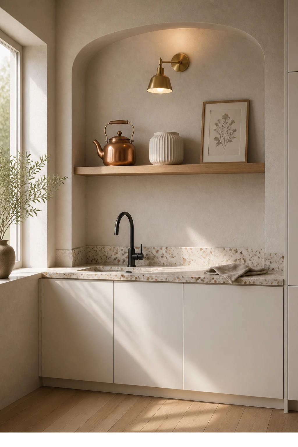 Hero focal point: open shelf copper and ceramic vignette. Scene mode. Modern calm. A single floating oak shelf spans a niche above a terrazzo worktop with warm pebble inclusions, set against lime-washed plaster in soft taupe. The shelf styling is the hero at about half the frame, holding a concise trio only a burnished copper kettle, a ribbed ceramic vessel, and a framed botanical print leaning with unreadable details for pure texture. Below, a matte black gooseneck faucet rises from the terrazzo beside a folded linen. Cabinets are handleless slab matte in warm white for restraint. One brass swing-arm sconce uplights the vignette, maintaining one metal finish across hardware. A window edge introduces diffused midday light with gentle shadows, and oak floorboards run consistently. Clean transitions with a thin shadow gap where materials meet, no labels or text in-scene. Thin white footer strip at the bottom reading WWW.HOMESTYLEVIBES.COM