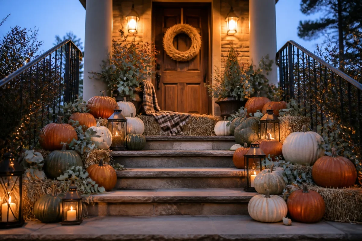 5 Fall Porch Steps Decor Ideas (Pumpkins, Lanterns And Hay Bales)